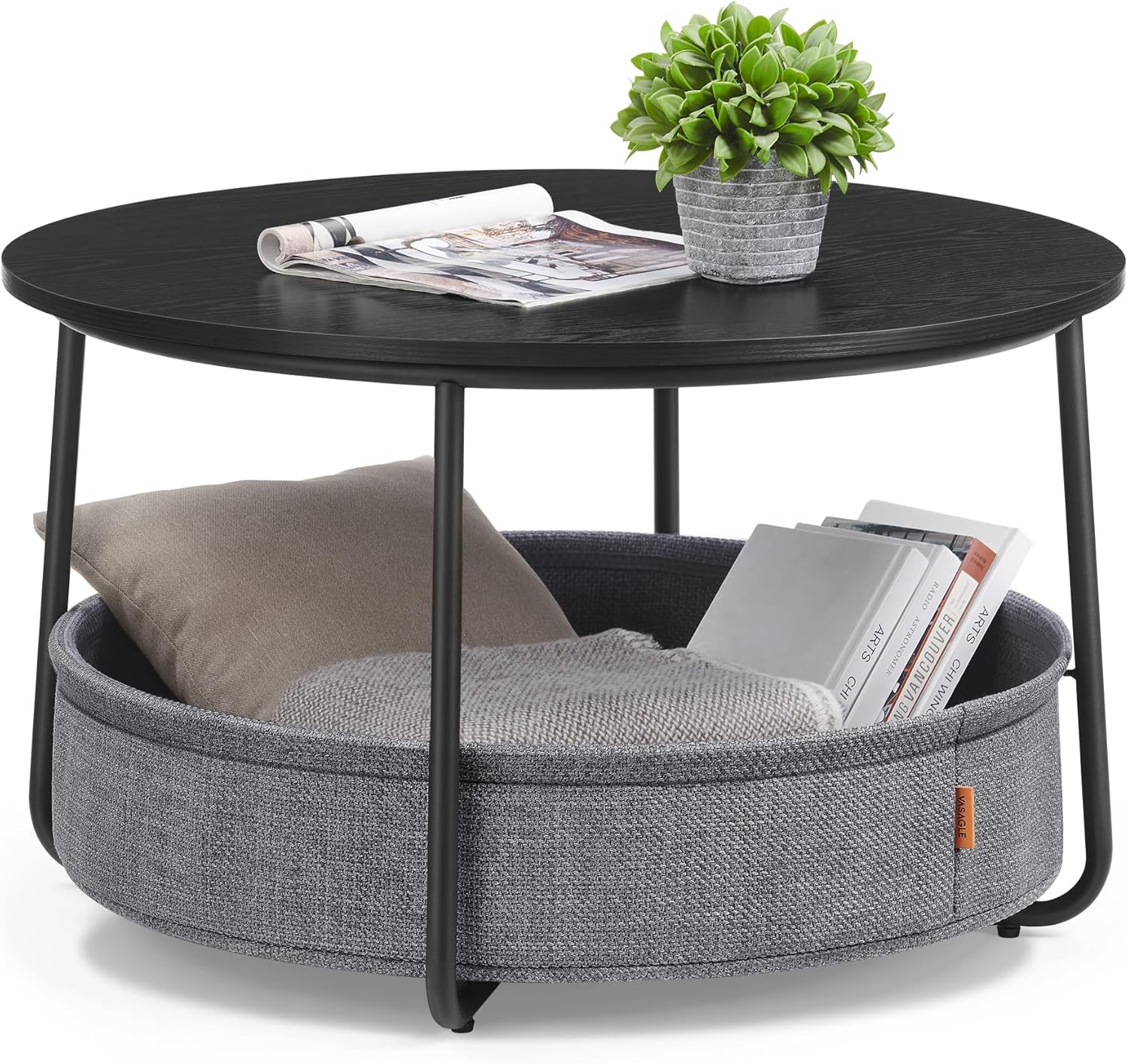 VASAGLE LILEA Collection - Coffee Table with Storage, Round Center Table for Living Room with Fabric Basket, Modern Style, Metal Frame, Ebony Black and Slate Gray ULCT244B56