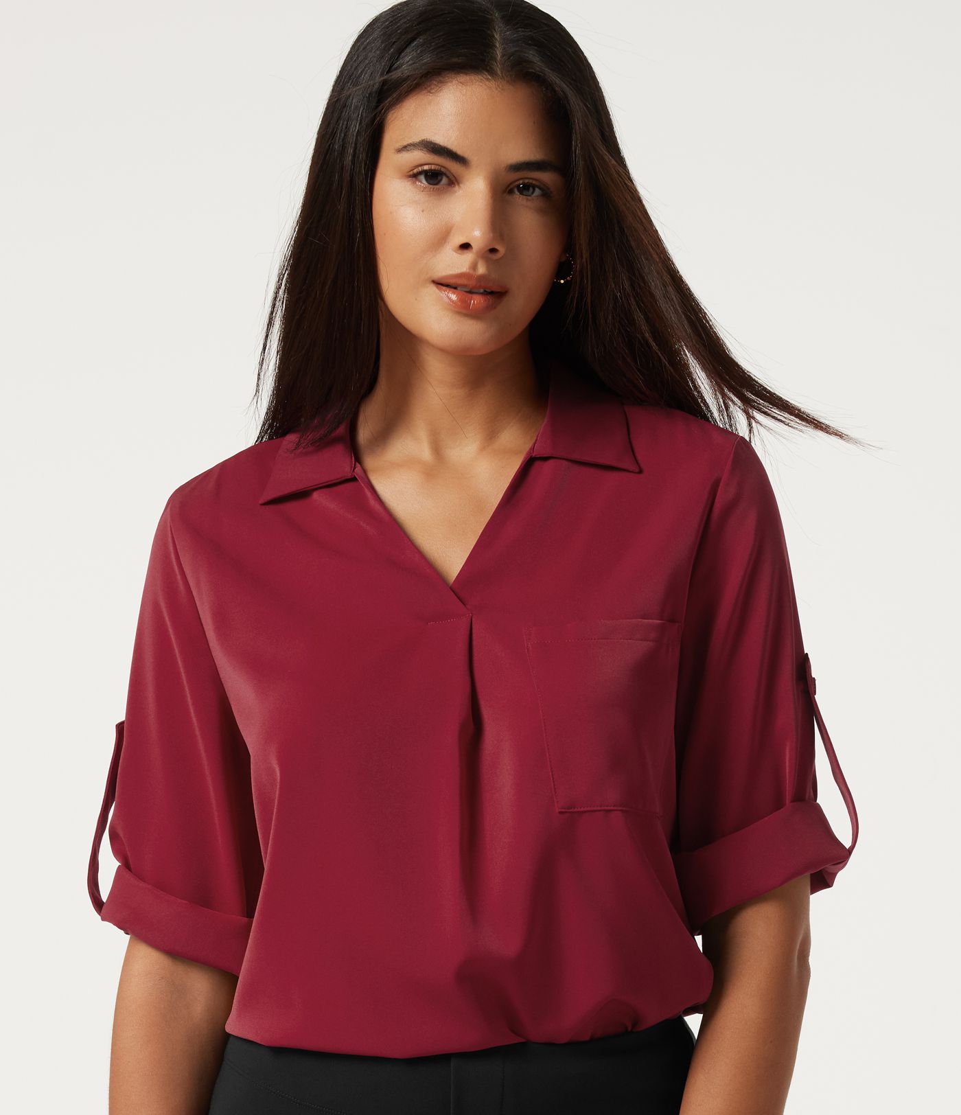 Chemise de bureau à col V et manches longues à défroissage facile avec poche poitrine