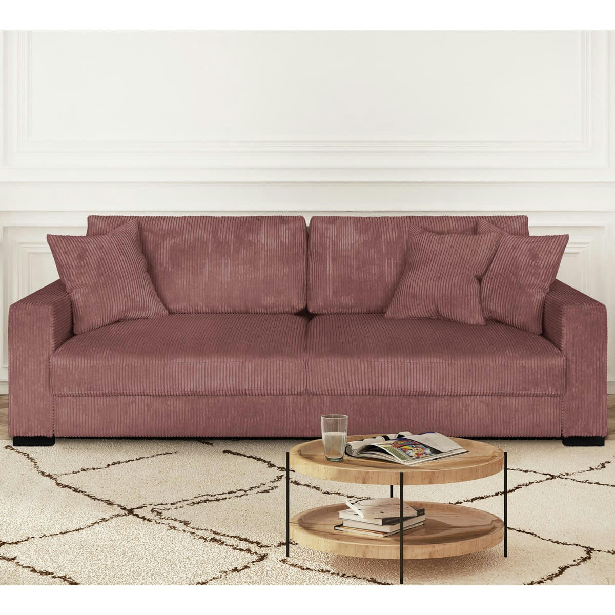 ROBIN - Canapé convertible 3 places en velours côtelé rose blush