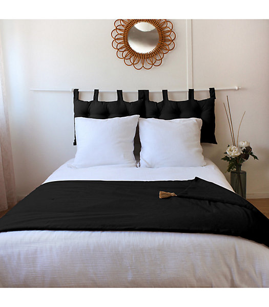 Edredon Panama avec pompons en jute (90x190 cm - Noir)