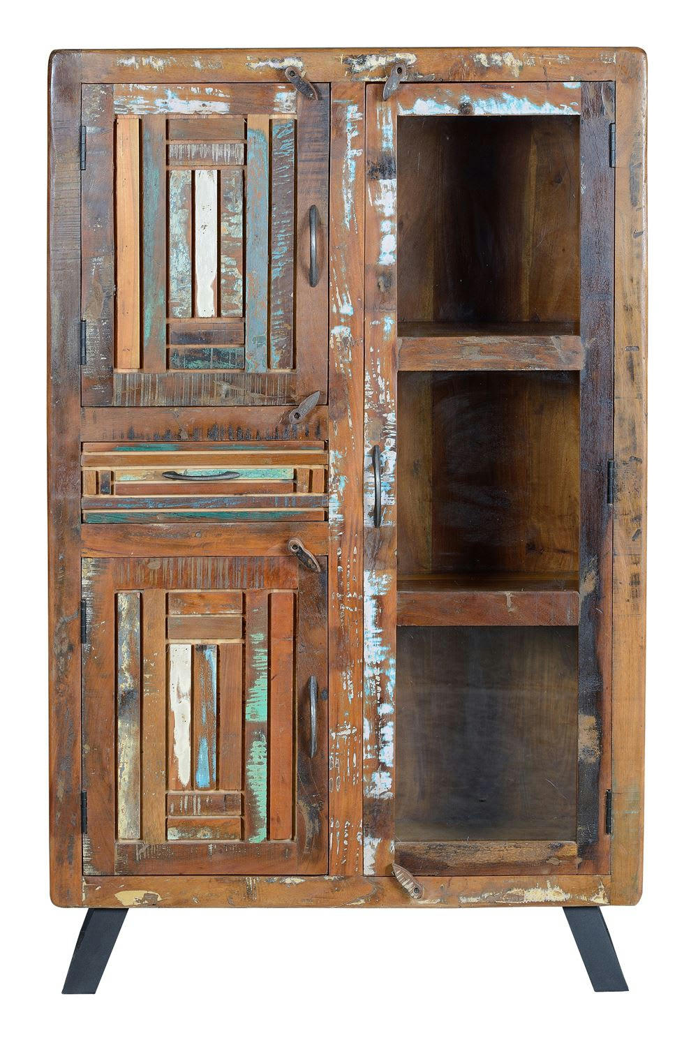 - Vitrine en bois de manguier et pieds en métal multicolore