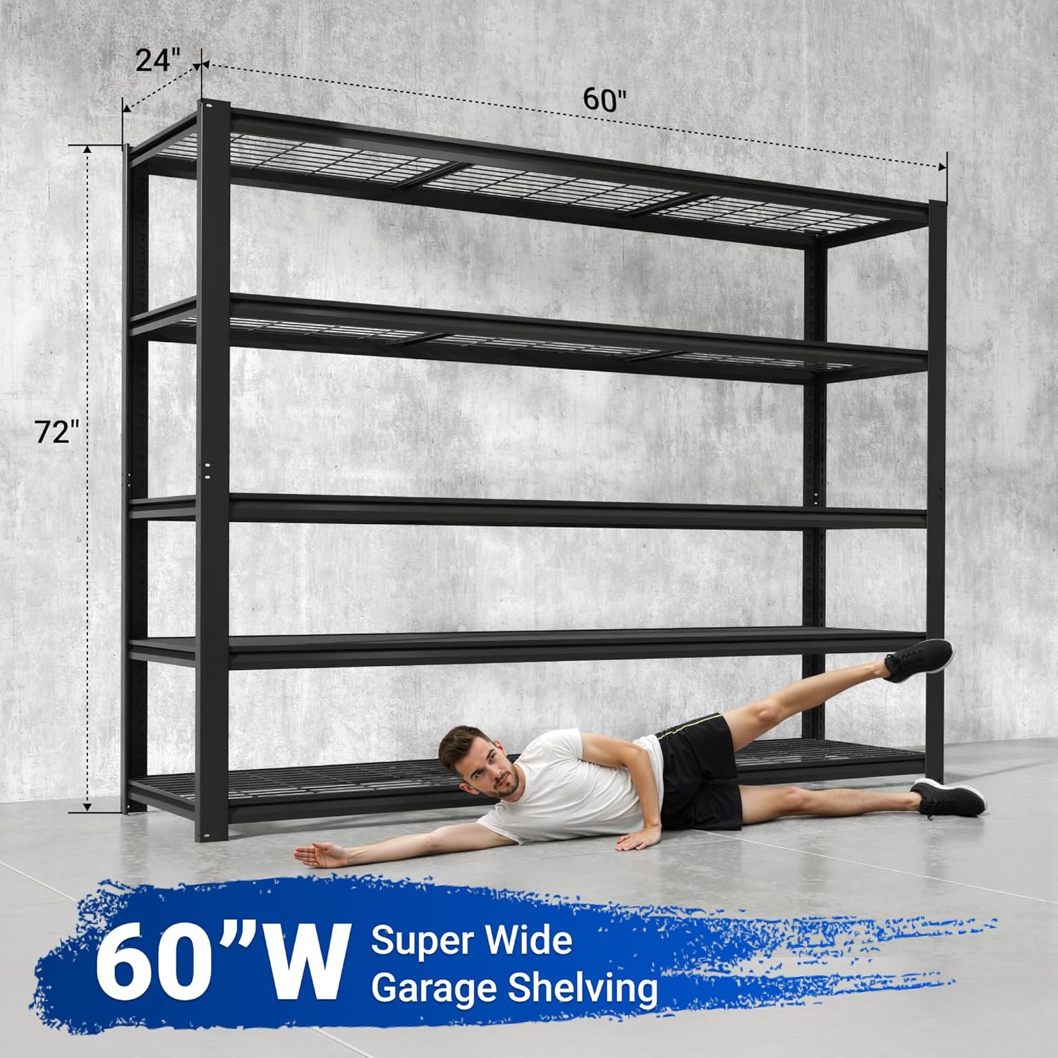 FLEXIMOUNTS 60 W Garage Shelving, 5 Tier Storage Shelves Load 1500LBS, Adjustable Garage Shelving Heavy Duty, Metal Shelves Unit for Basement, Warehouse, 60 W x 72 H x 24 D, Black