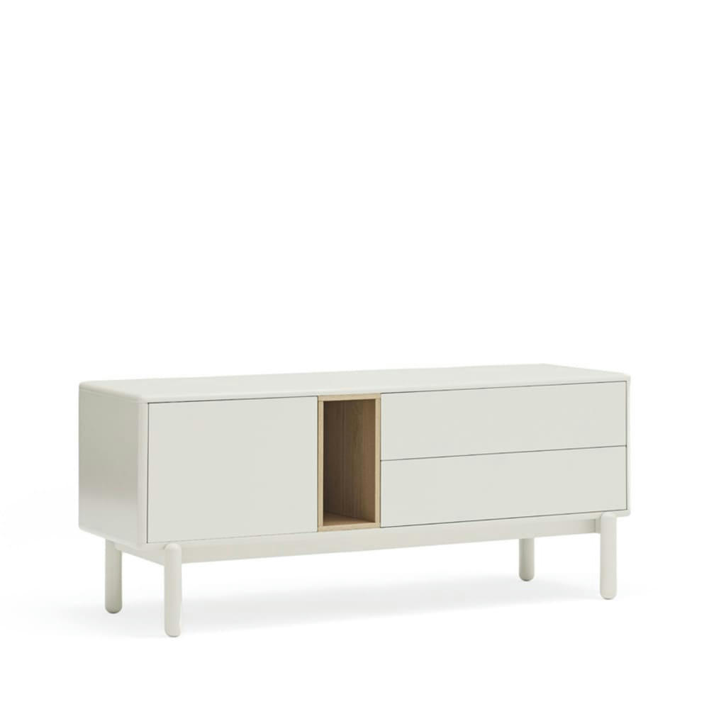 CORVO - Meuble tv 1 porte 1 niche et tiroir en bois L140cm gris clair