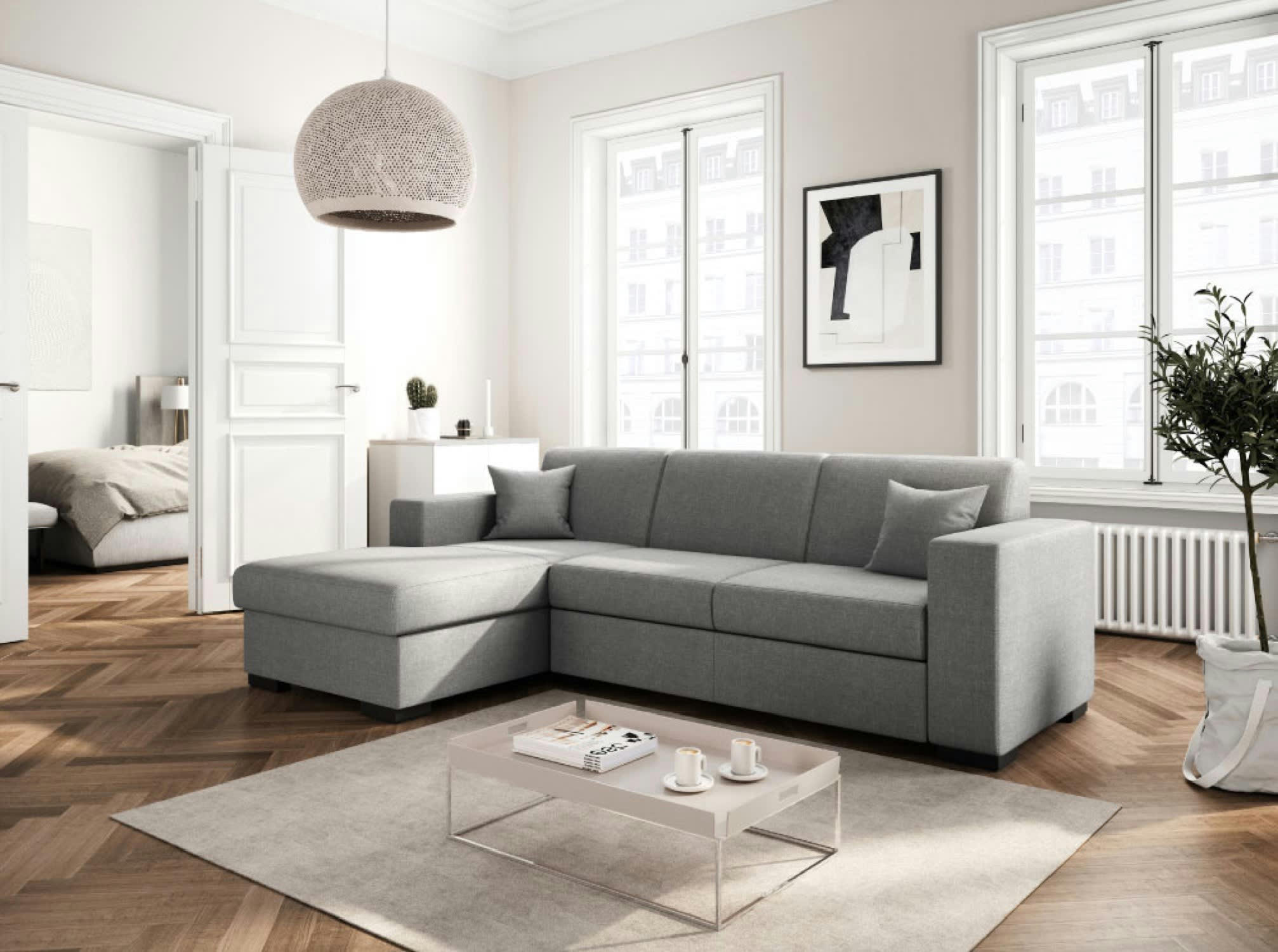 FUJI - Canapé d'angle gauche convertible en tissu gris clair