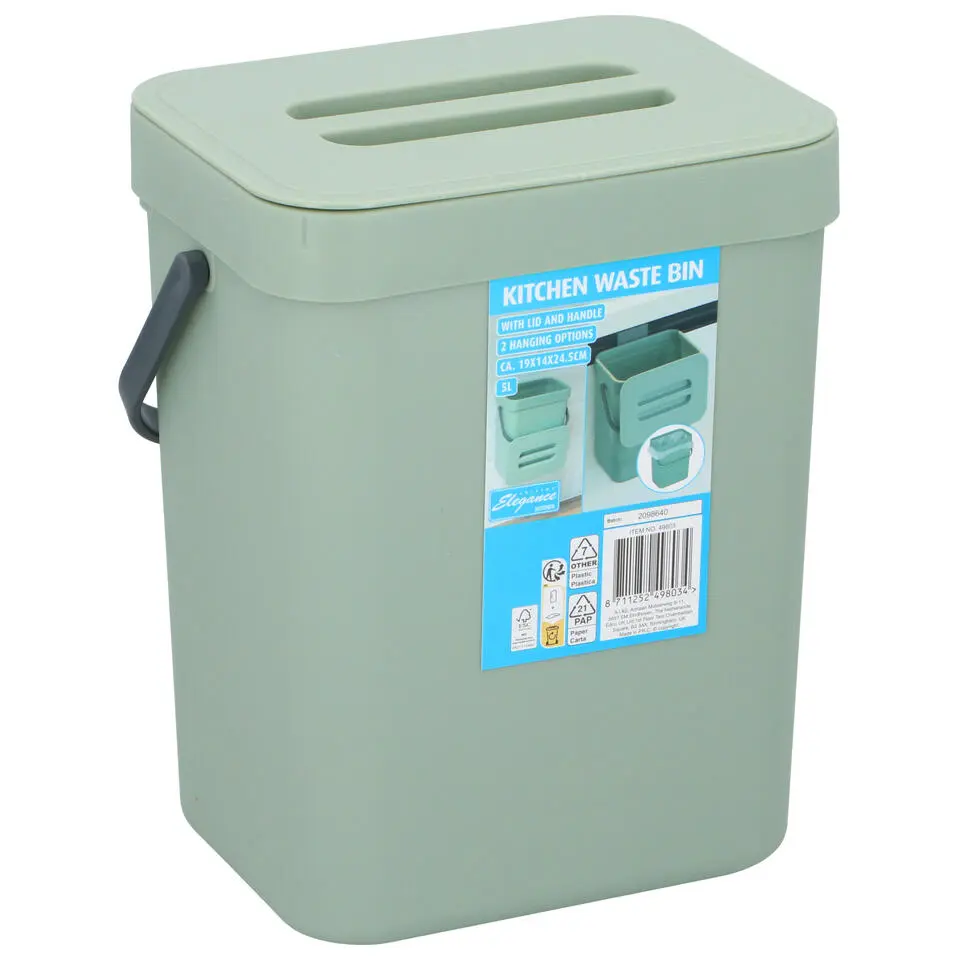 Gft afvalbakje voor aanrecht - 5L - groen - 24 x 19 x 14 cm