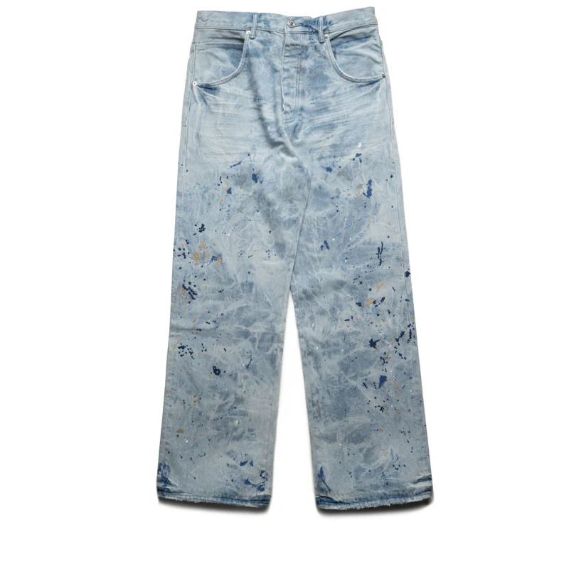 Purple Brand Mid Rise Baggy Leg Bleach Paint Embroidery Jean - Light Indigo