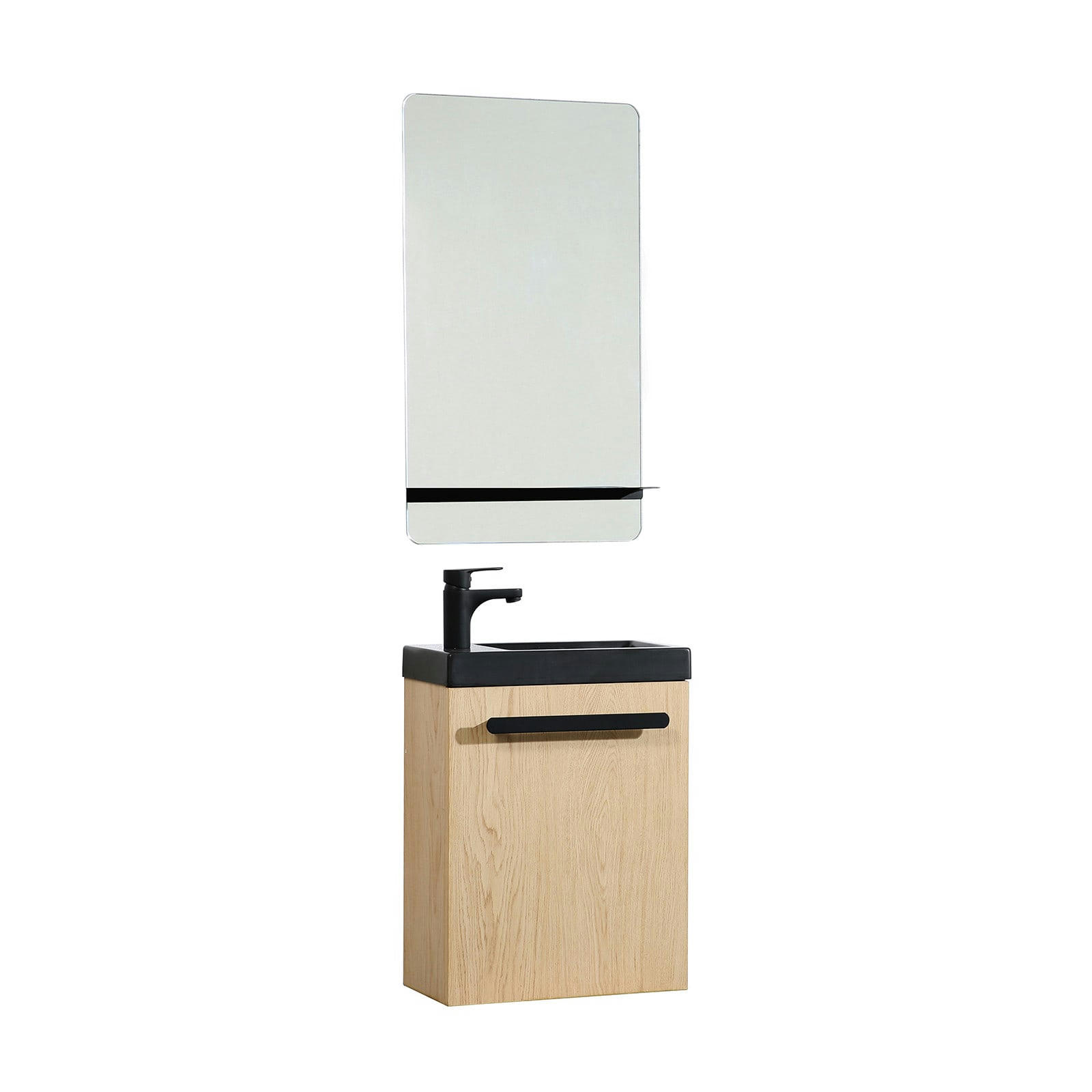 NEVADA - Ensemble  lave-mains décor chêne vasque noire+miroir+robinet noir