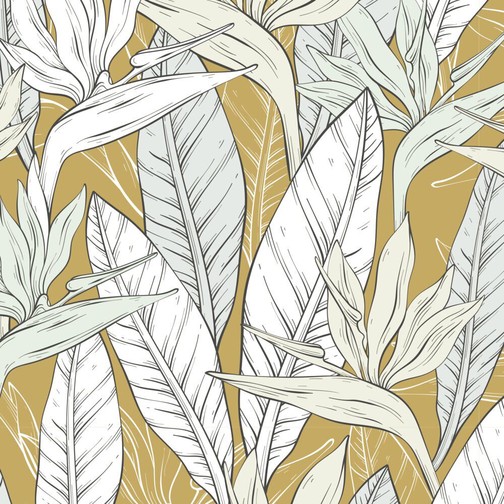 Nappe ronde tissu motif feuillage jaune curry et blanc Ø160cm