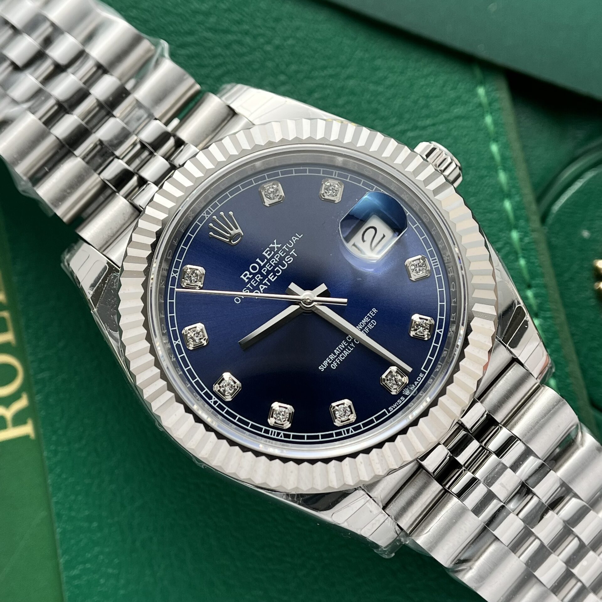 Rolex Datejust 316L Steel Blue Dial CZ Diamonds 41mm Jub EWF Replica
