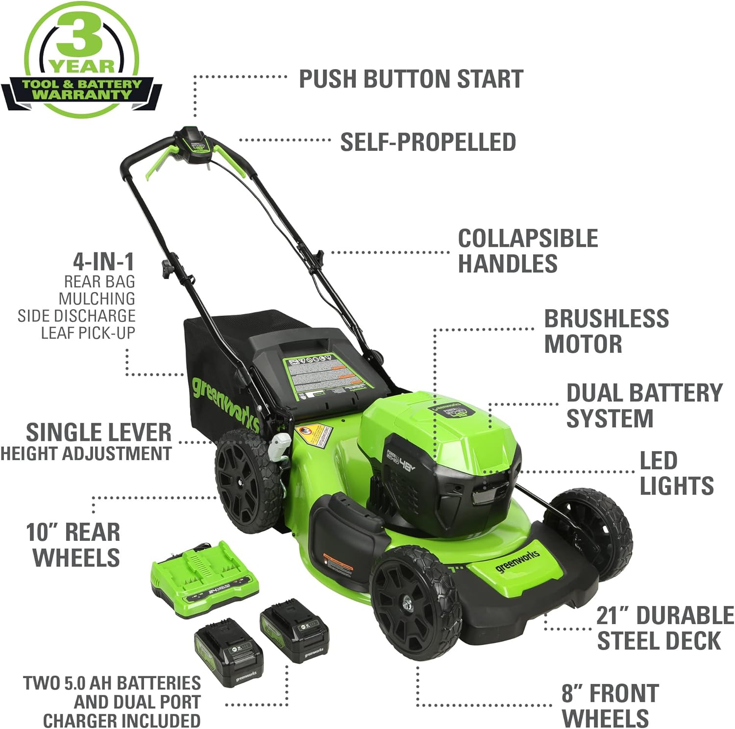 Greenworks 48V (2x24V) 21 Brushless Self-Propelled Mower 500 Lumen Lantern Fan Mini Bluetooth Speaker Inflator Combo Kit (2) 5Ah &(2) 2Ah Battery &2 Charger