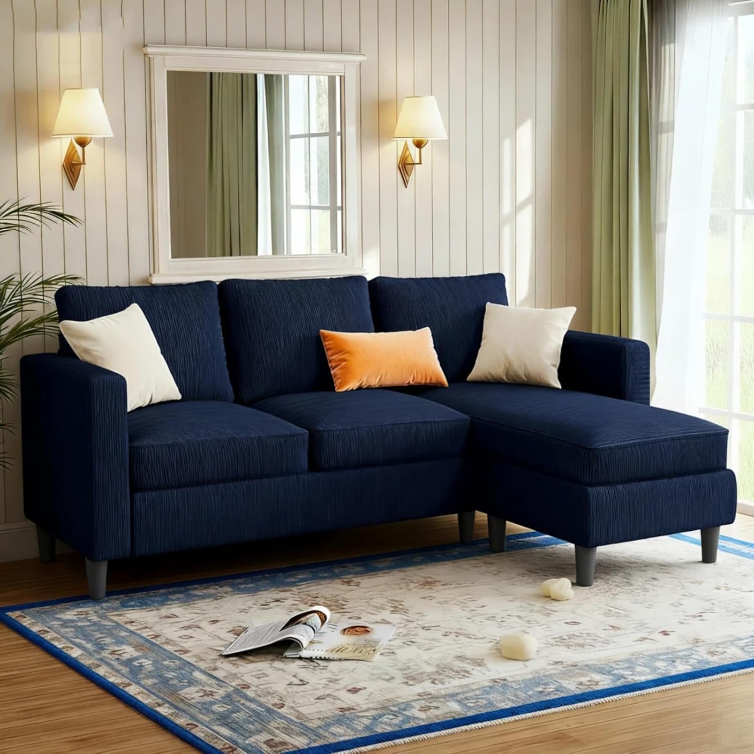 JAMFLY 3-Seat Convertible L-Shaped Sectional Sofa with Reversible Ottoman, Upholstered Fabric Couch for Small Living Rooms, Modern Modular Couch for Apartment, Studio & Loft, Blue