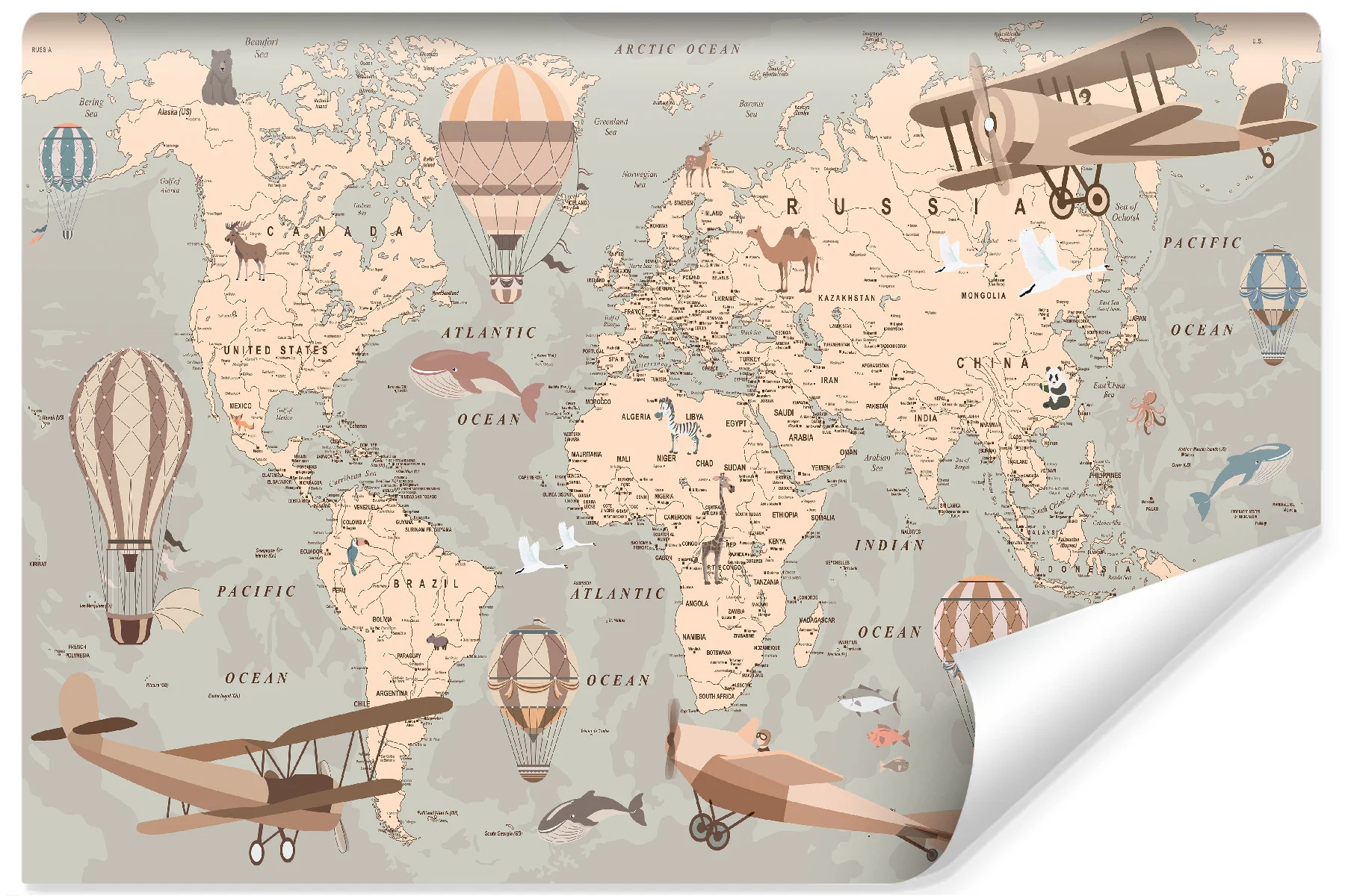 Fototapeta Mapa Świata Zwierzęta Samoloty Balony 90x60cm