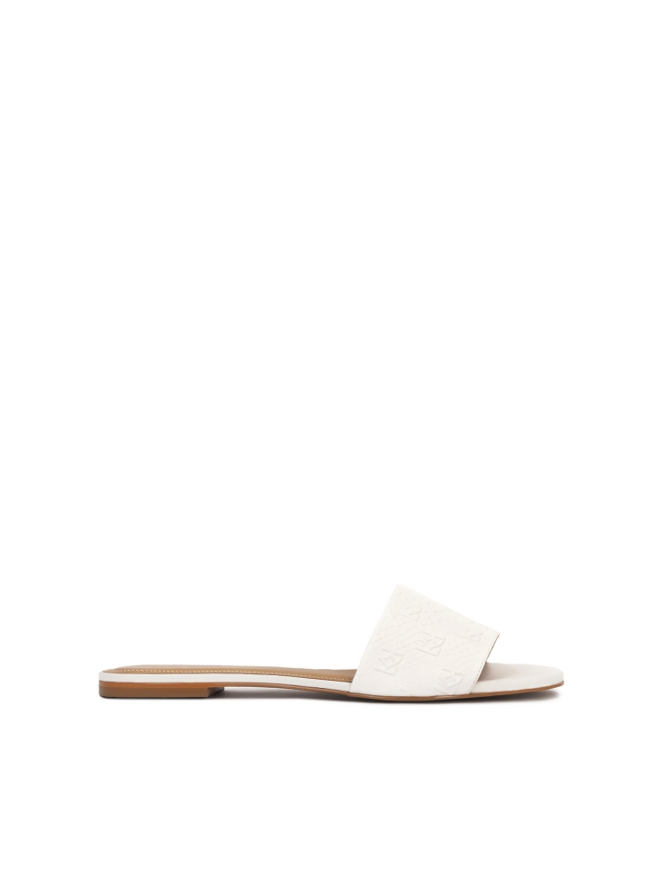 White embossed leather flat slides