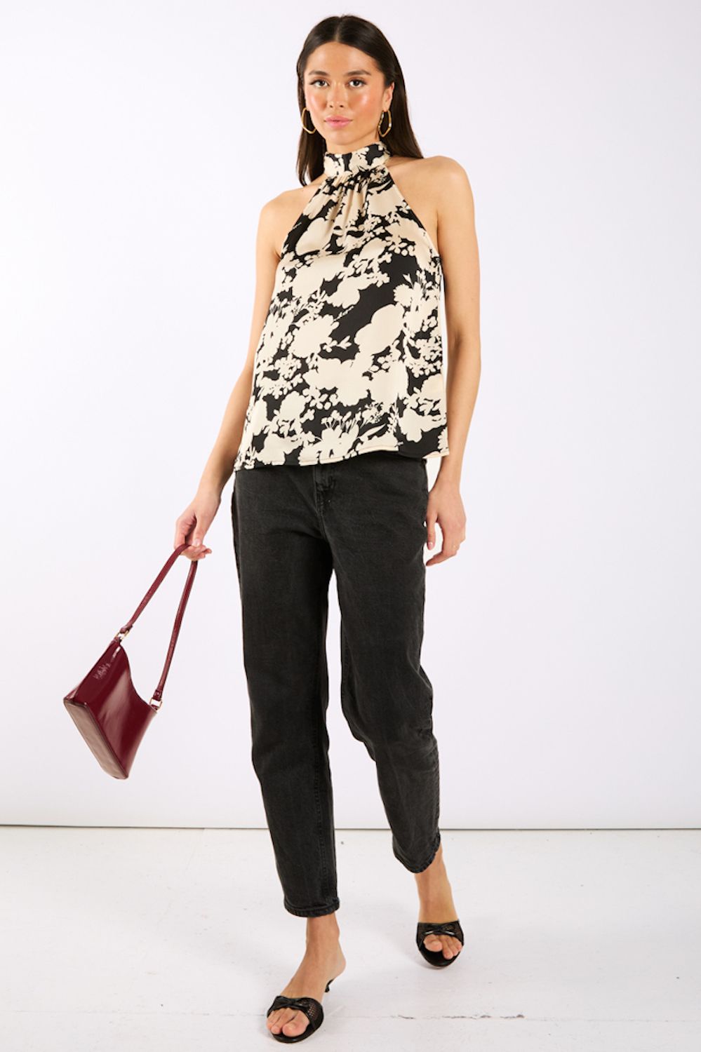 Needs No Label Black and Ivory Printed Halter Neck Top