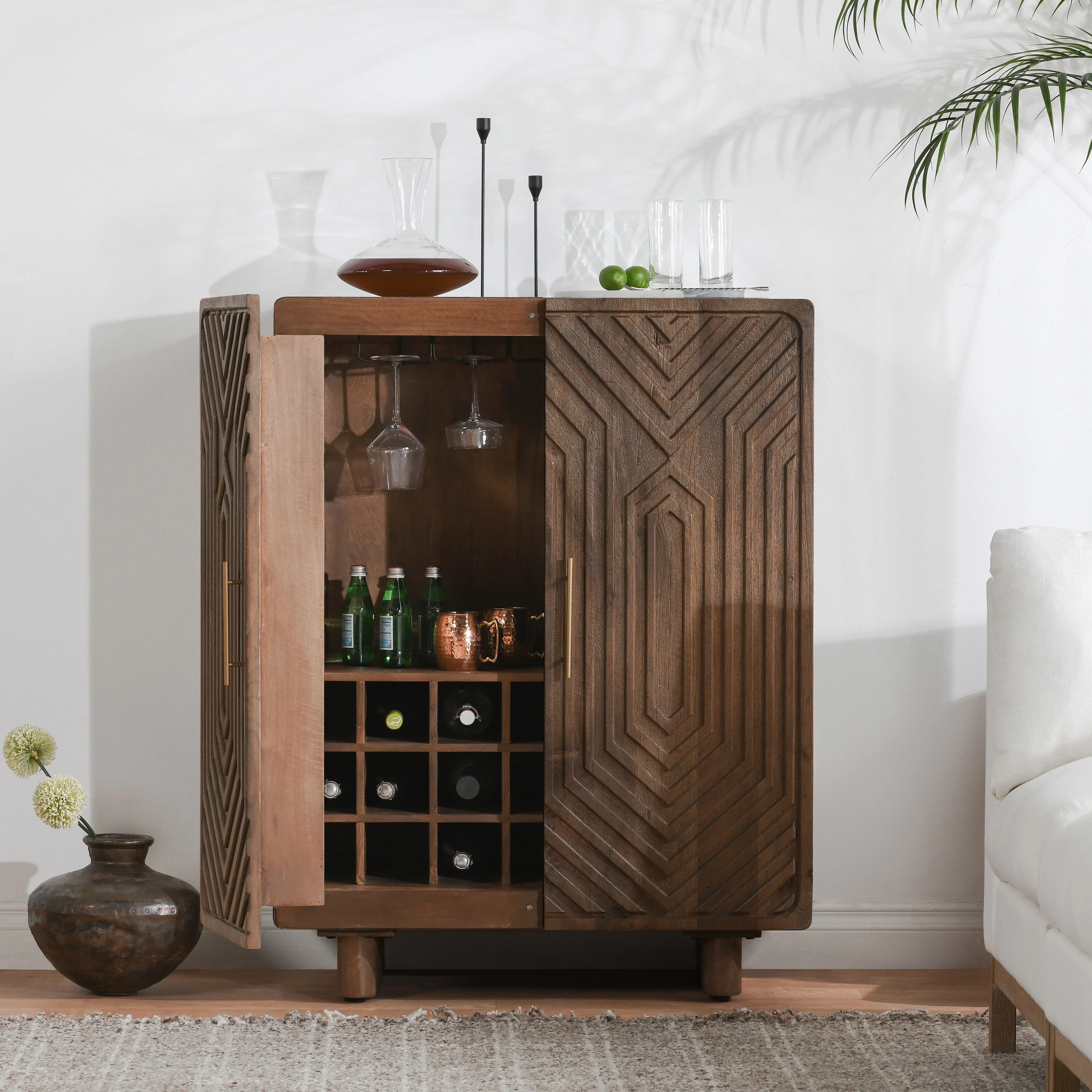 Classic Home Holmes Mango Wood Carved Bar Cabinet in Brown