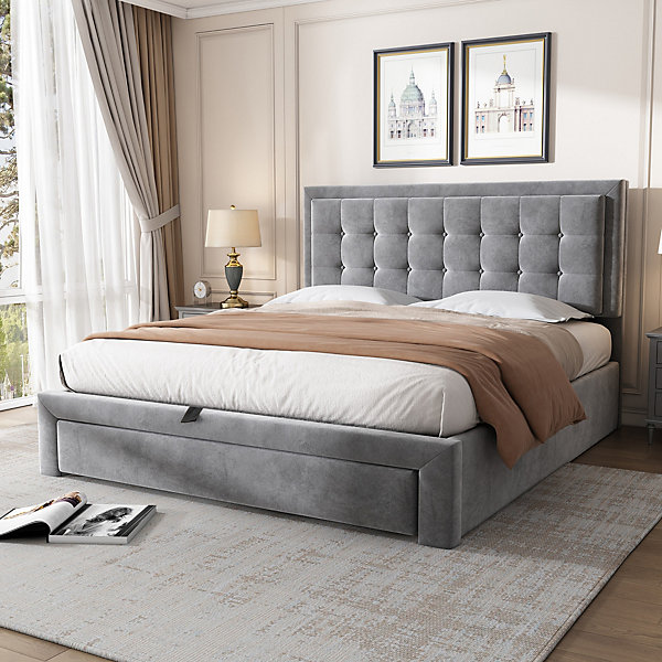 Lit coffre 140x200 cm - Lit coffre hydraulique avec 2 tiroirs et sommier à lattes en bois - Velours - Sans Matelas - Gris