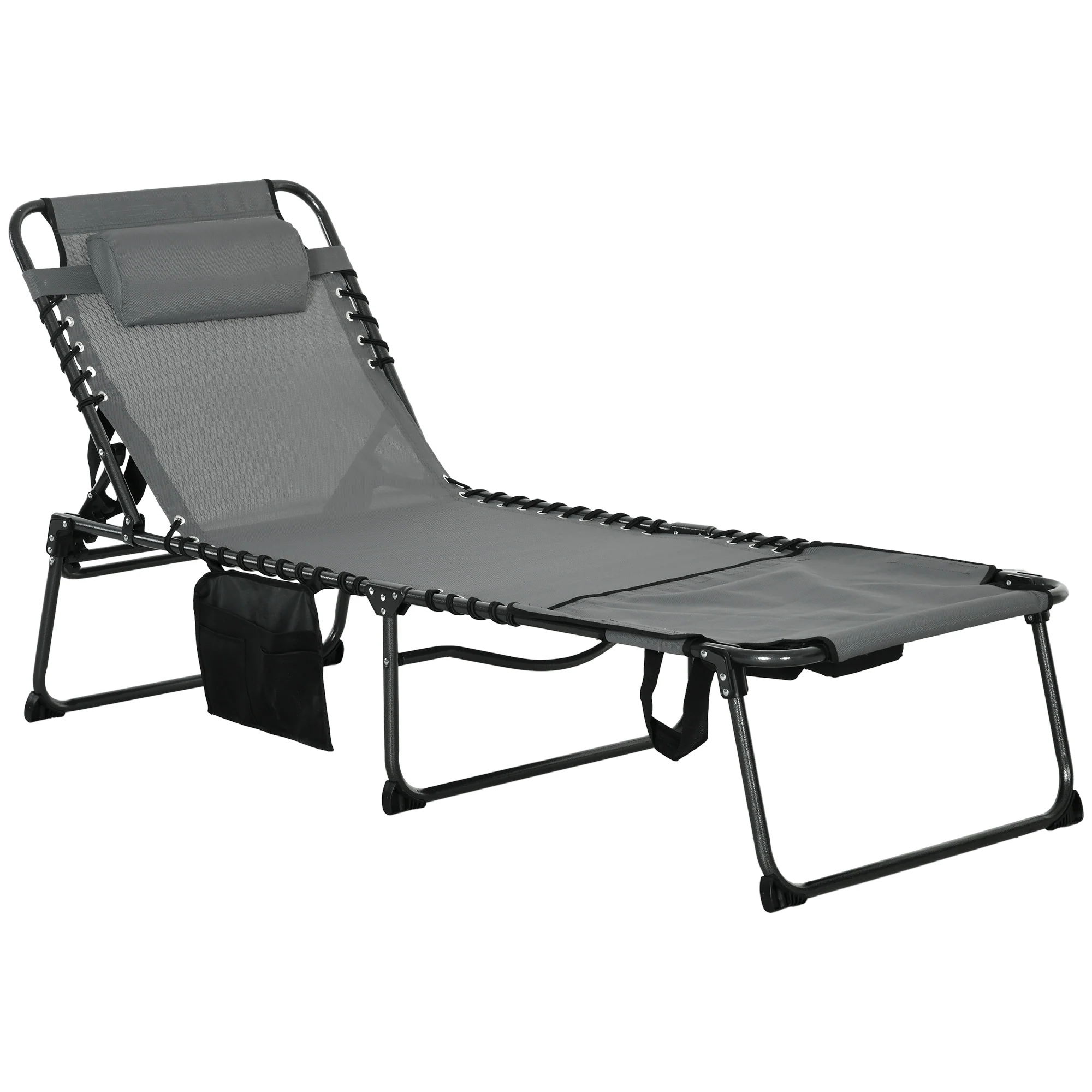 Foldable Outdoor Mesh Chaise Lounger Chair with 5-Position Backrest, Headrest and Side Pocket for Beach Patio Poolside