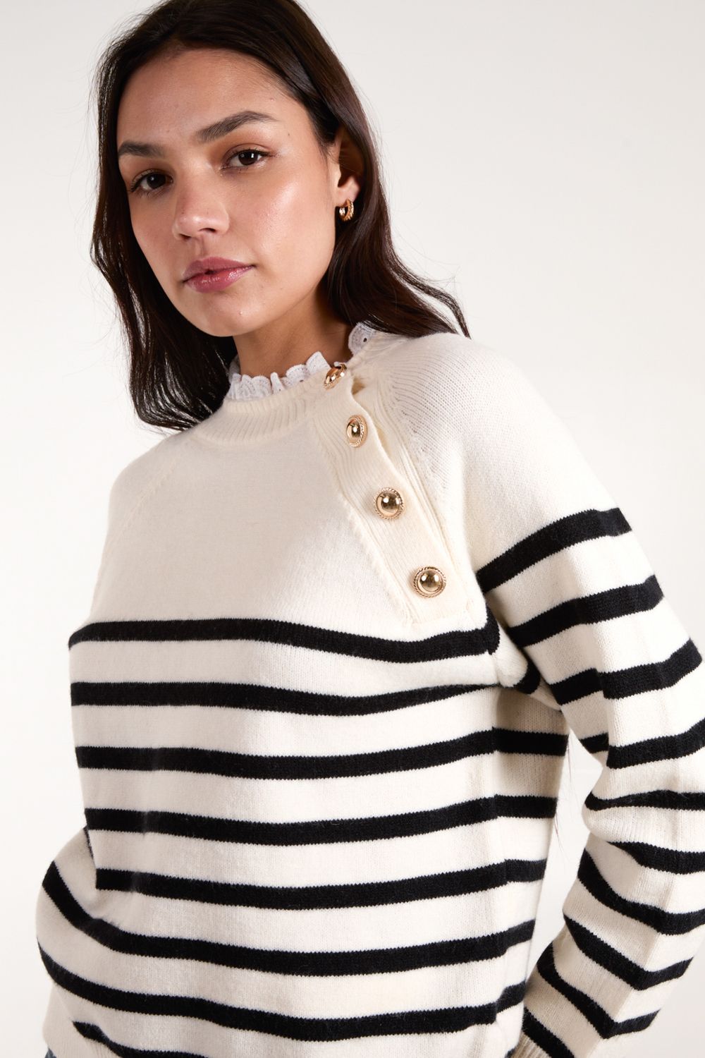 Blue Vanilla Horizontal Stripes Button Details Jumper