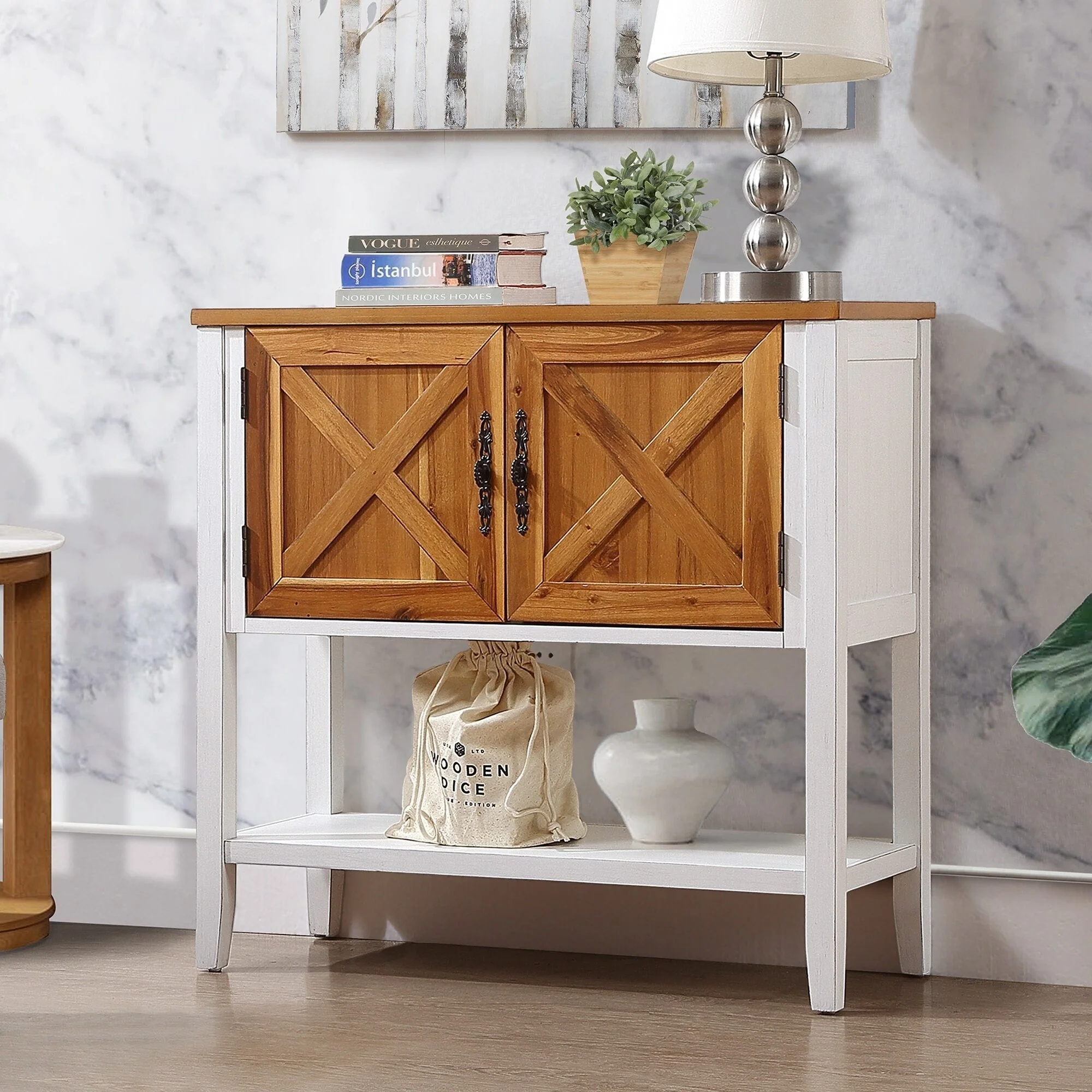 Farmhouse Wood Buffet Sideboard Console Table with Bottom Shelf and 2-Door Cabinet