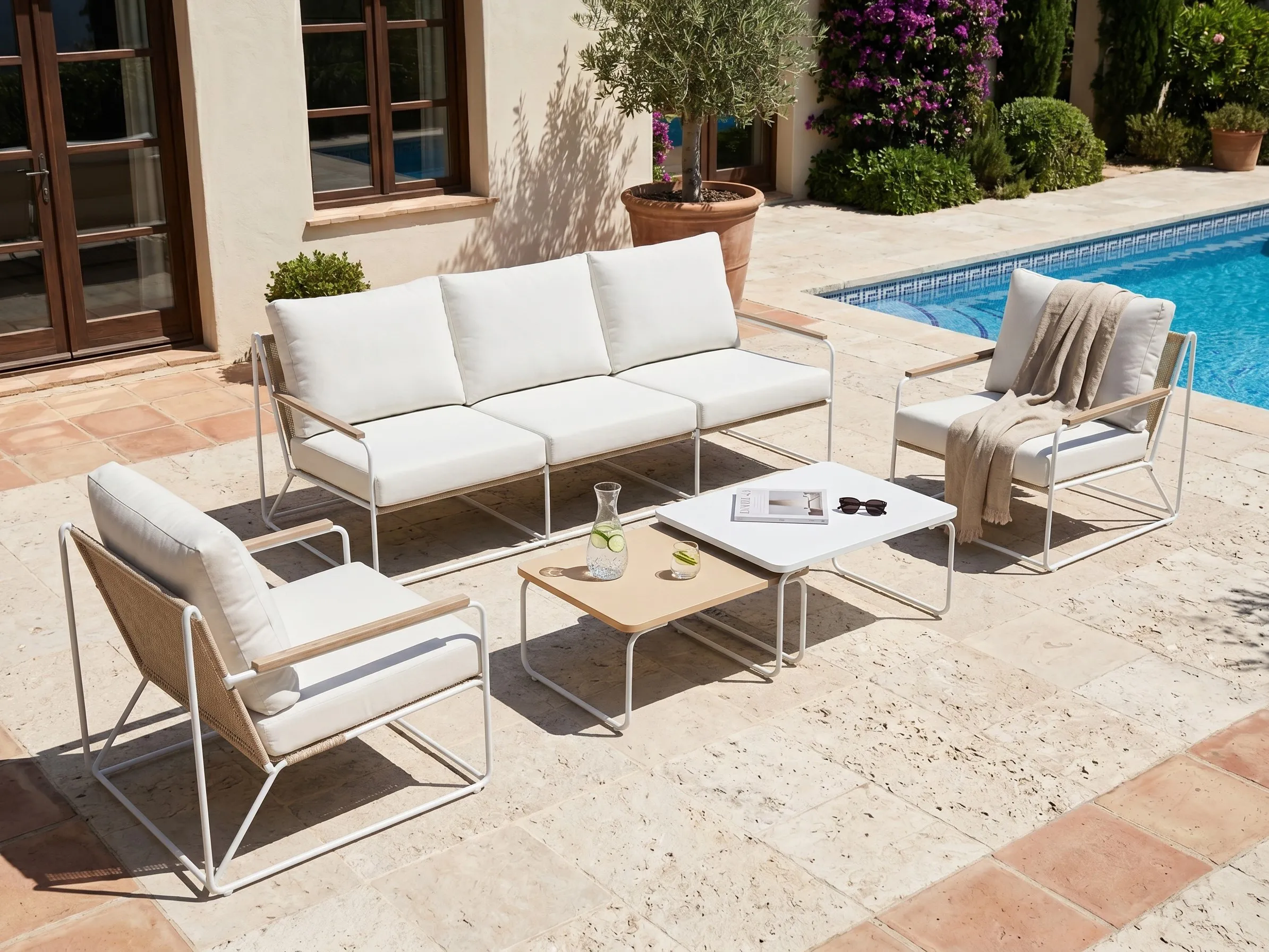 Garden Sofa Set 5 Seater VENARIA with Tables Metal Beige/ White