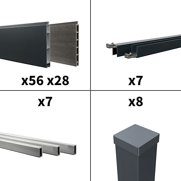 Kit Clôture Aluminium BAHIA &CRUZ Ardoise 12,85x1,8m - Bois Composite &Aluminium - Poteaux Gris - Brise Vue - Palissade