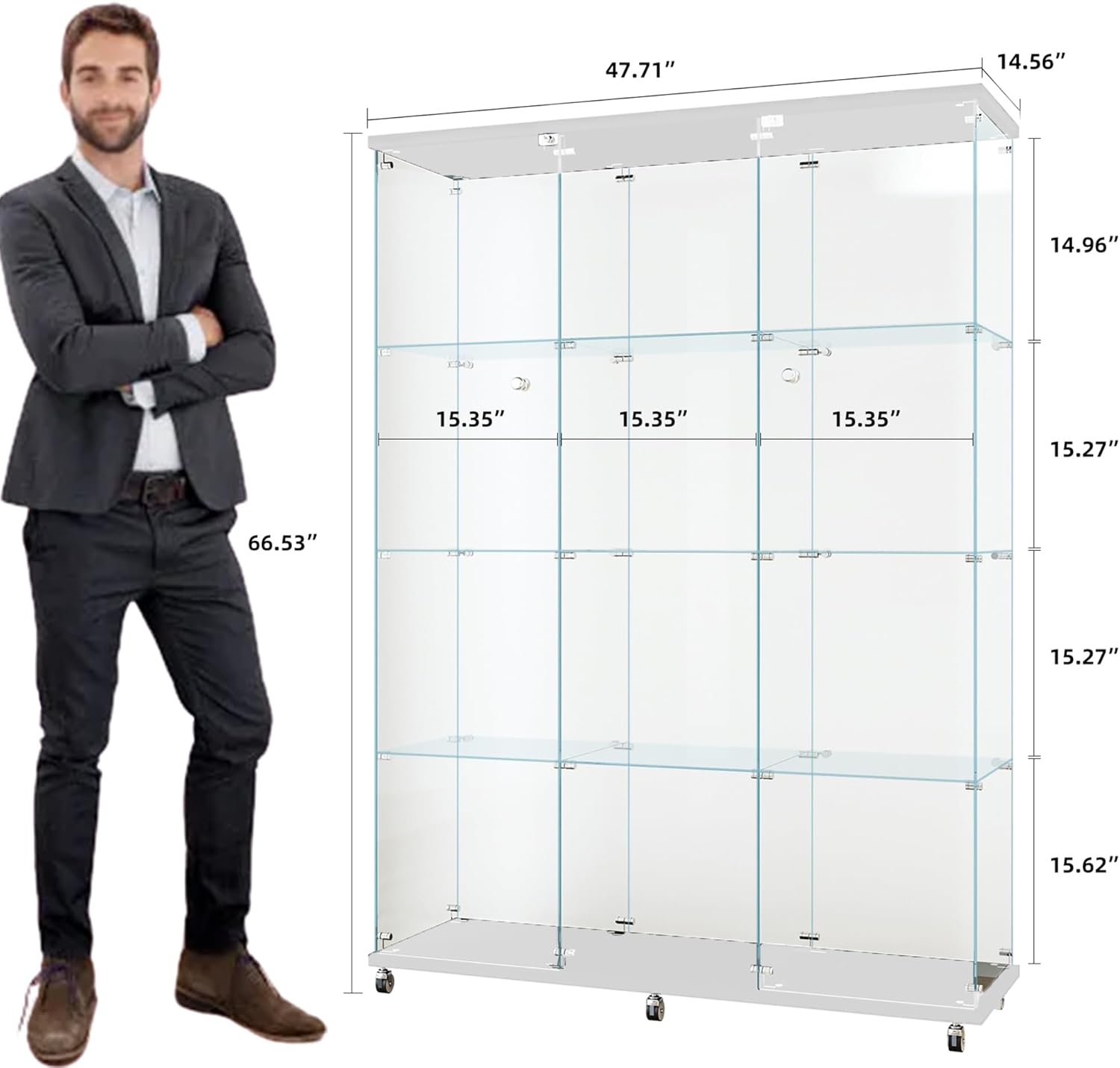Frameless Glass Display Cabinet, Curio Cabinet Display Case with Locks and Hinged Doors, Quick-Install Floor Standing Large Showcase Display Shelf for Collectibles, Legos, Figures, Plants