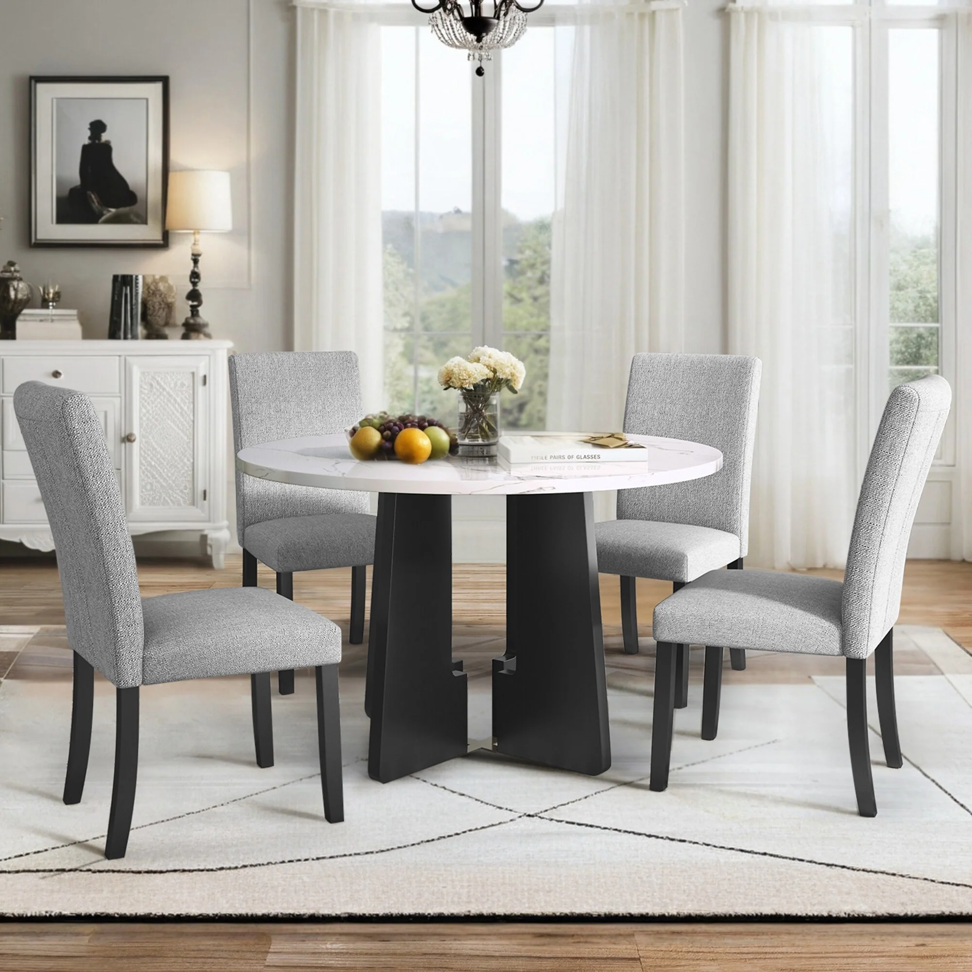5 Kitchen Piece Dining Table Set Round Dining Table Set, with 43-Inch Dining Table & 4 Upholstered Dining Room Chair