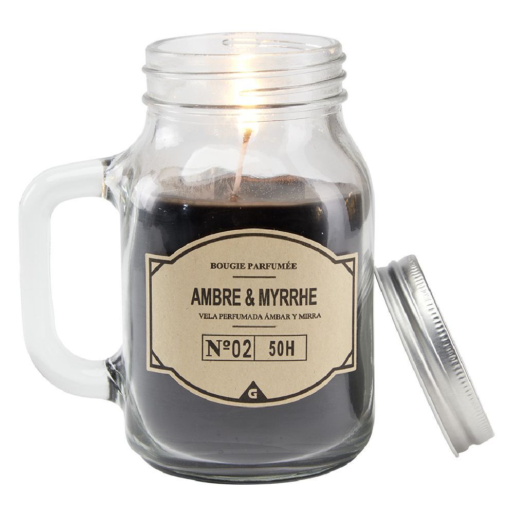 Bougie noire dans mug en verre avec couvercle - Senteur myrrhe ambre