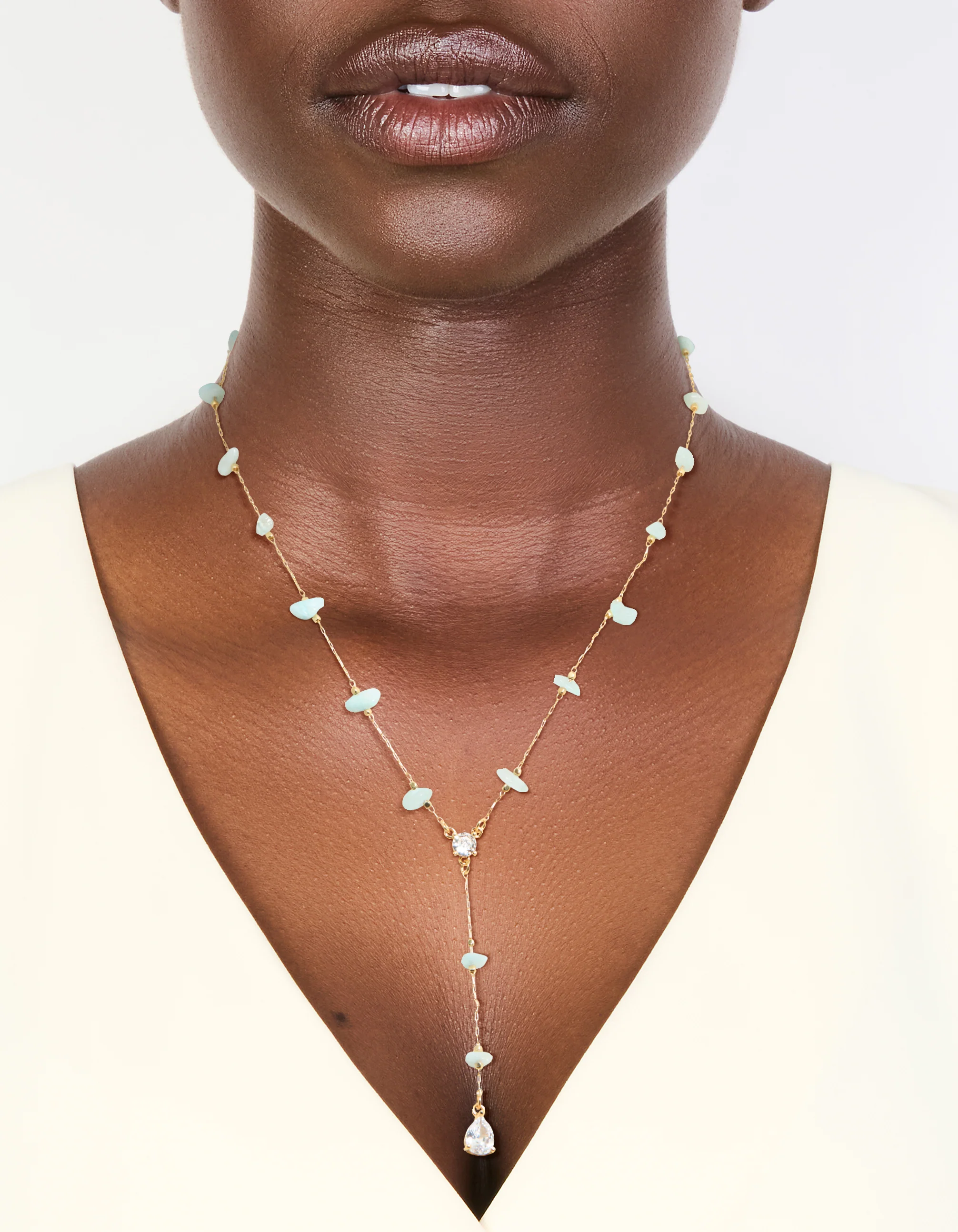 Gold Plated Blue Semi-Precious Stones Cubic Zirconia Pendant Y-Necklace