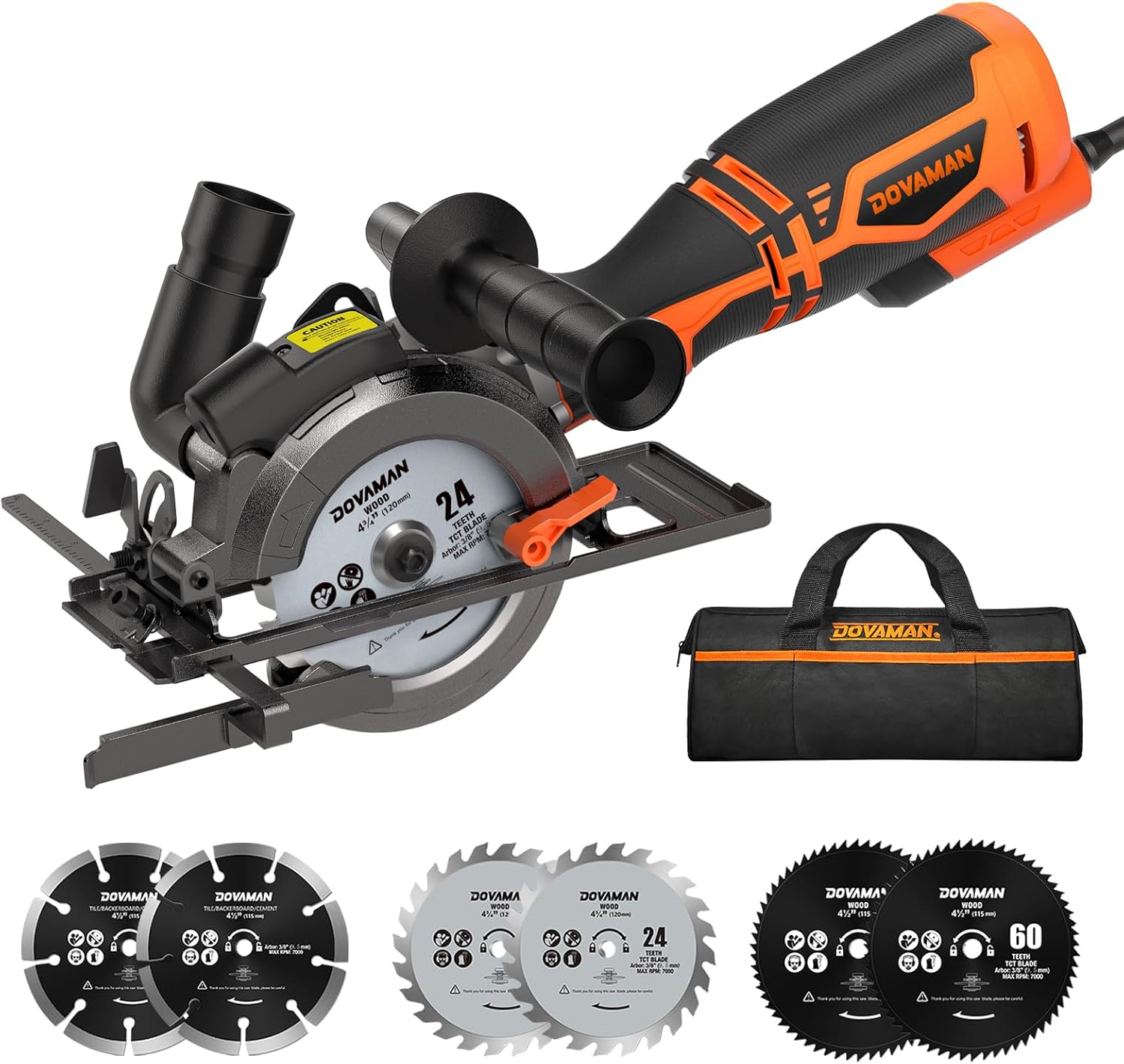 DOVAMAN Circular Saw, 5.8A 4-1/2 Circular Saw w/Laser, Metal Auxiliary Handle, 6 Blades (4½, 4¾), Cutting Depth 1-11/16 (90°), 1-3/8 (45°), Ideal for Wood, Soft Metal, Plastic, Tile - MCS01A