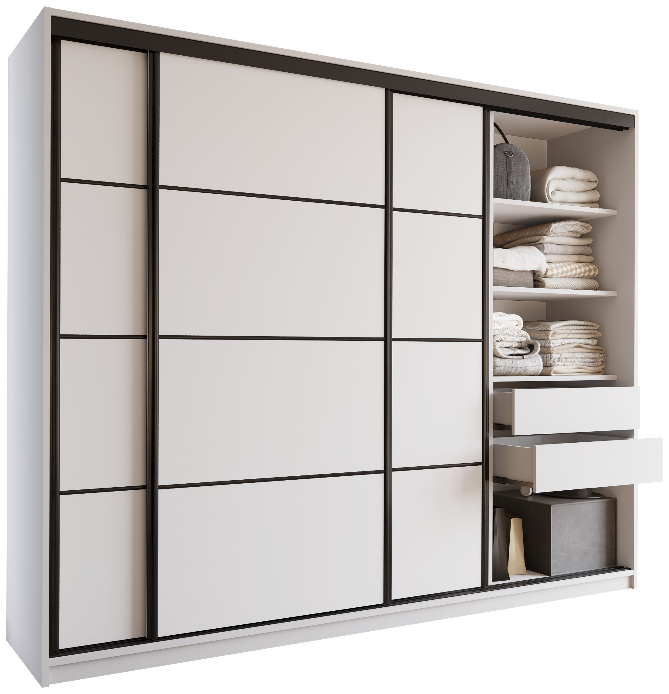 Szafa przesuwna z szufladami 250 cm biała LOFT