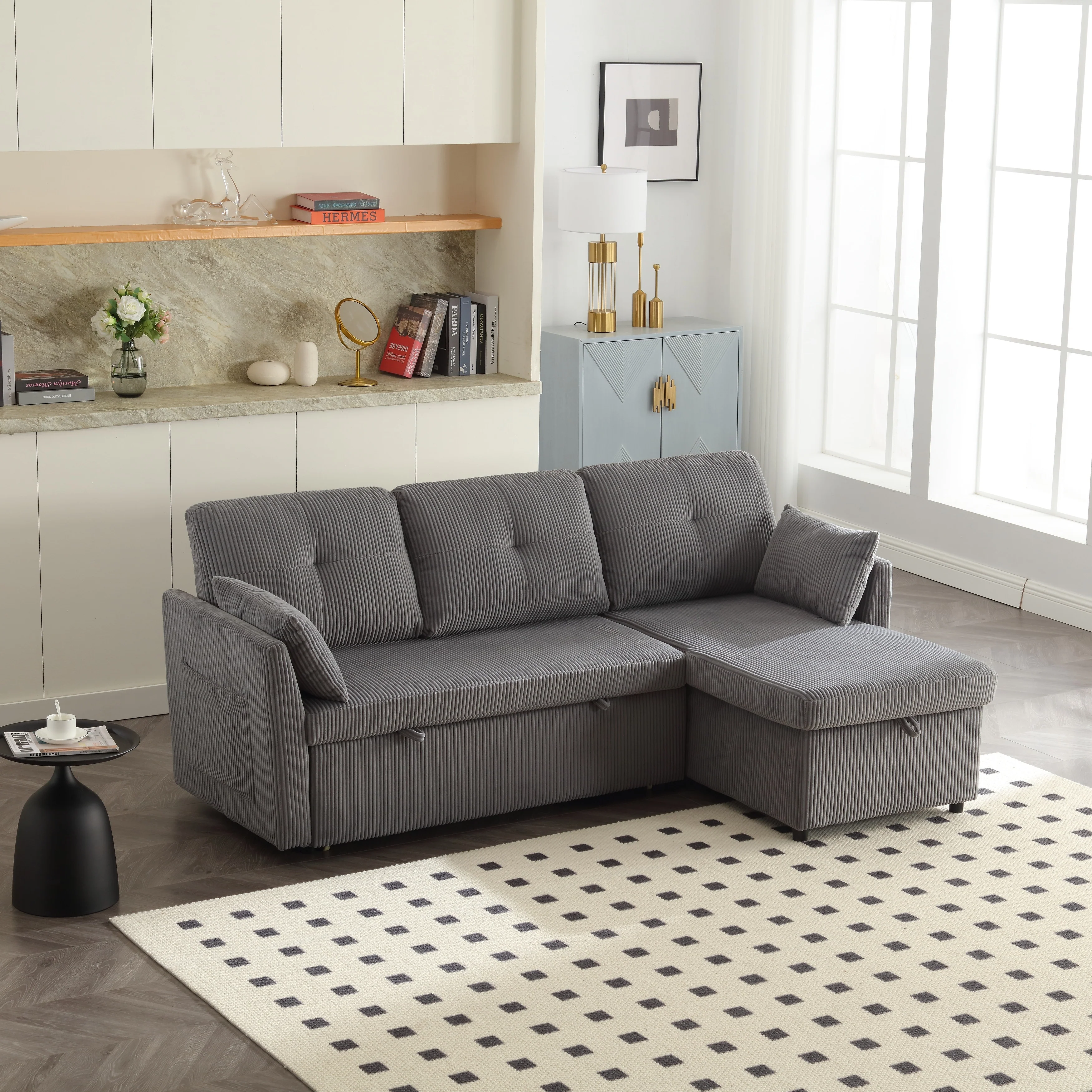 Grey 81.1'' Fabric L-Shaped Sofa with Reversible Chaise