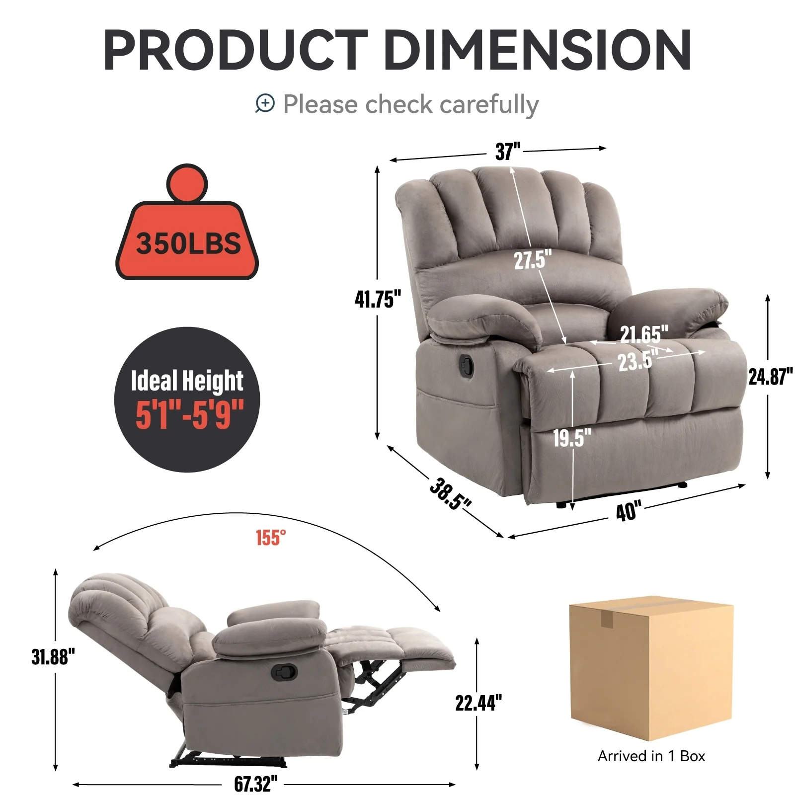 Brown Extra Large Manual Recliner Chair with 155° Recline, and Fabric Upholstery