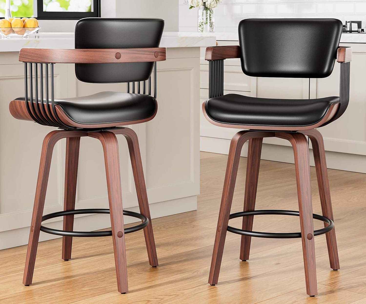 Swivel Counter Height Bar Stools Set of 2, 26 Inch Mid Century Modern Bentwood Barstools with Padded Back and Wood Legs, PU Leather Kitchen Island Chairs with Arms, Black