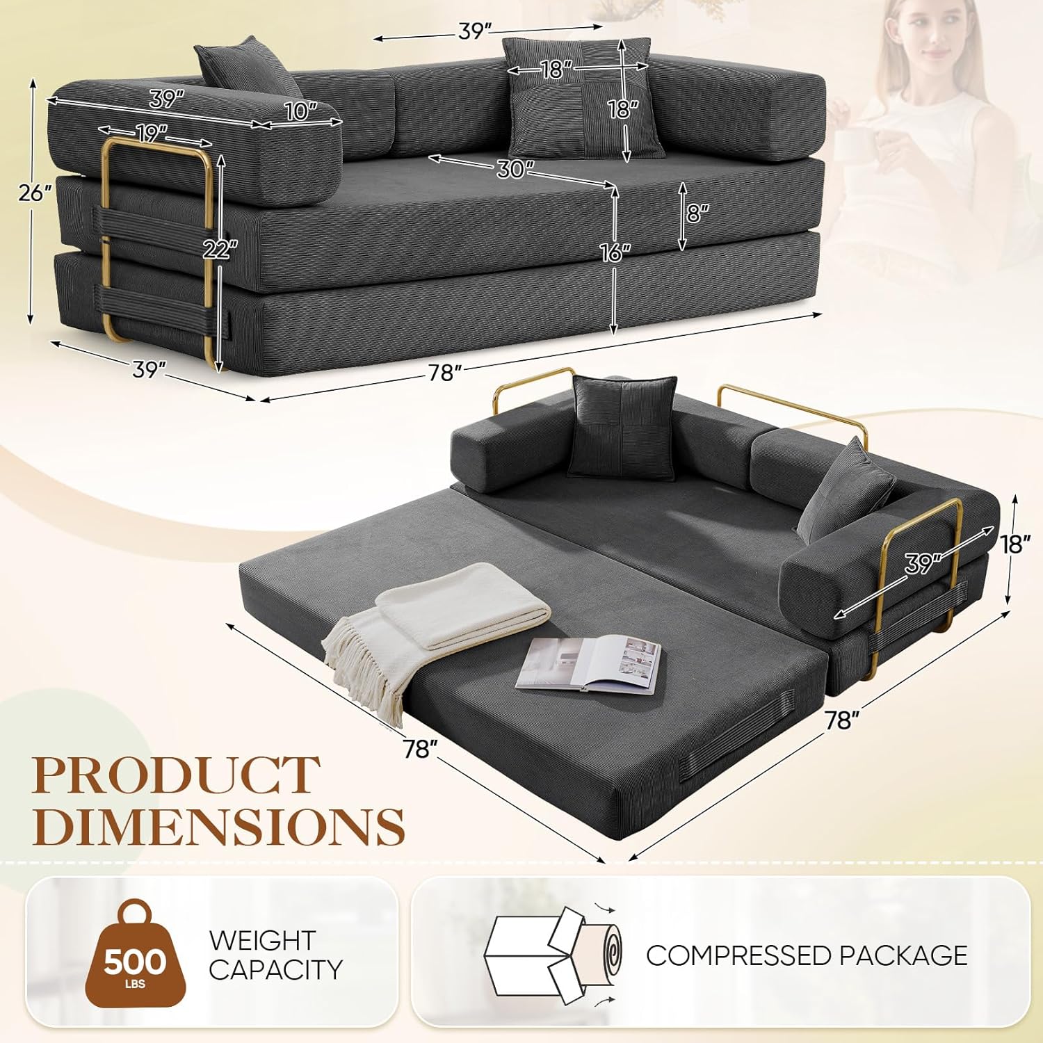 78 Convertible Futon Sofa Bed, 3-Seater Modern Corduroy Foam Floor King Size Bed Foldable Sleeper Lounge Loveseat Sofa Couch with 2 Throw Pillows for Living Room Bedroom Guest Room, Dark Grey