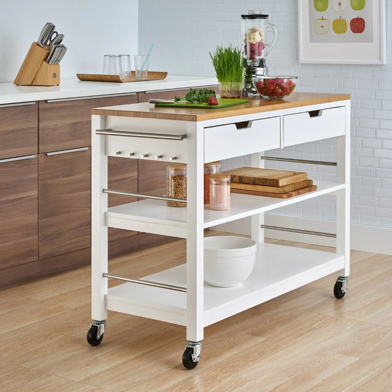 TRINITY Kitchen Island w/ Drawers, White & Bamboo