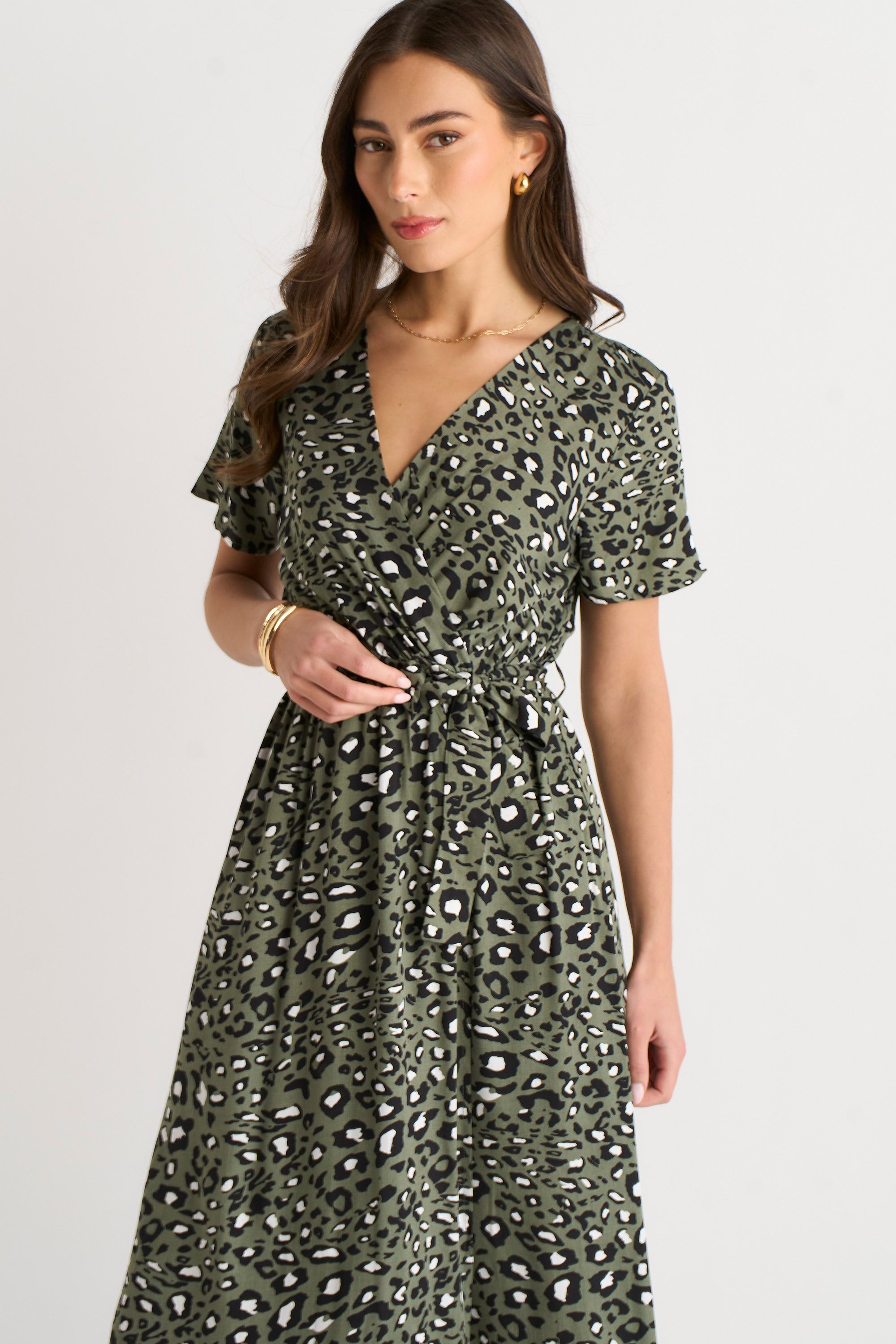 Gini London Khaki Short Sleeve Animal Print Wrap Front Midi Dress