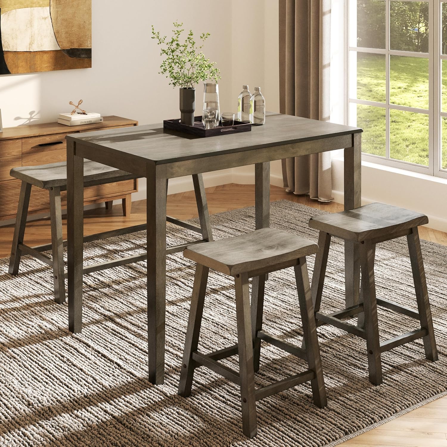 MFSTUDIO Dining Table Set for 4, Wooden Counter Height Table and Chairs, Bar Table Set with Bench, Small Kitchen Table and Chairs Set of 4, Smoky Brown