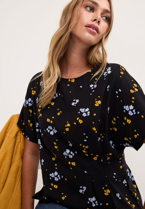 Womens Black & Yellow Floral Cinched Waist Shell Top