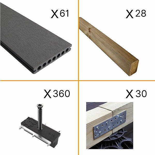 Kit Terrasse ATLANTA 20m² - 61 Lames de Terrasse (220 x 14.5 x 2.25 cm) - Platinium - Garantie 15 ans - Fixation par Clips
