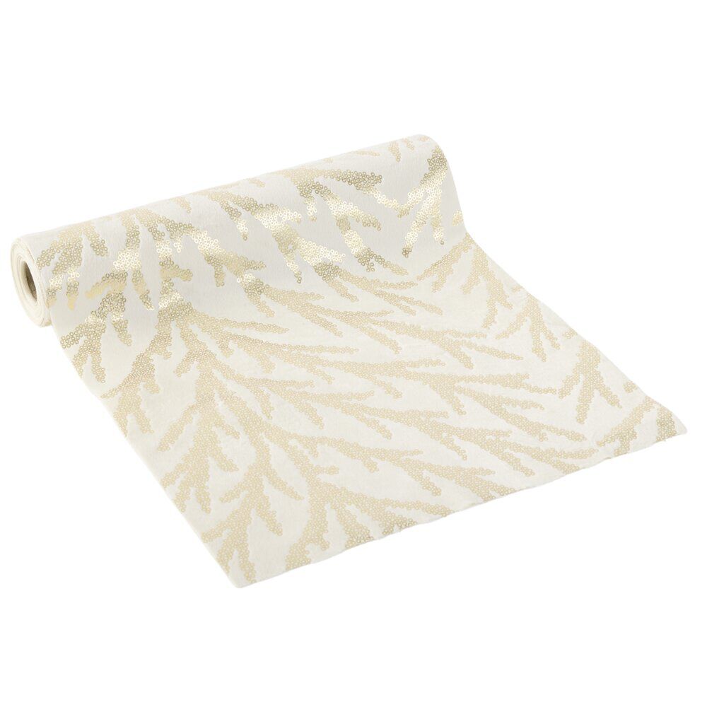 Chemin de table imitation velours imprimé branche L300X28 cm blanc et argenté