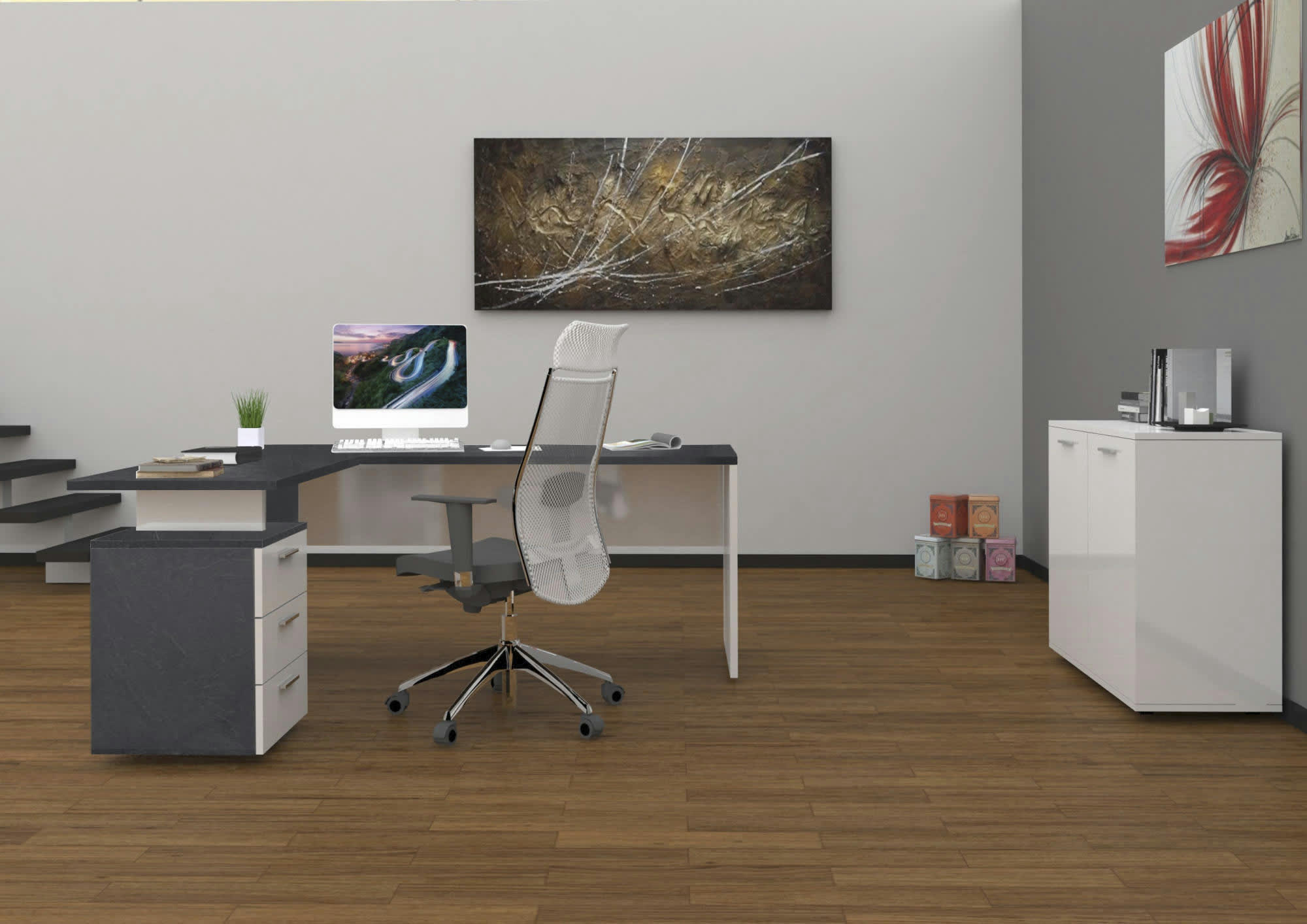 MARK - Bureau effet bois gris cendré et blanc brillant 160x60h75 cm