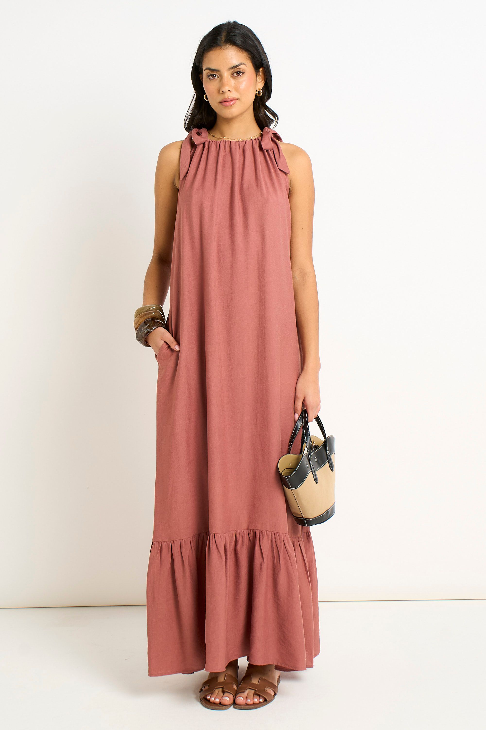 Gini London Rust Tie Shoulder Trapeze Maxi Dress