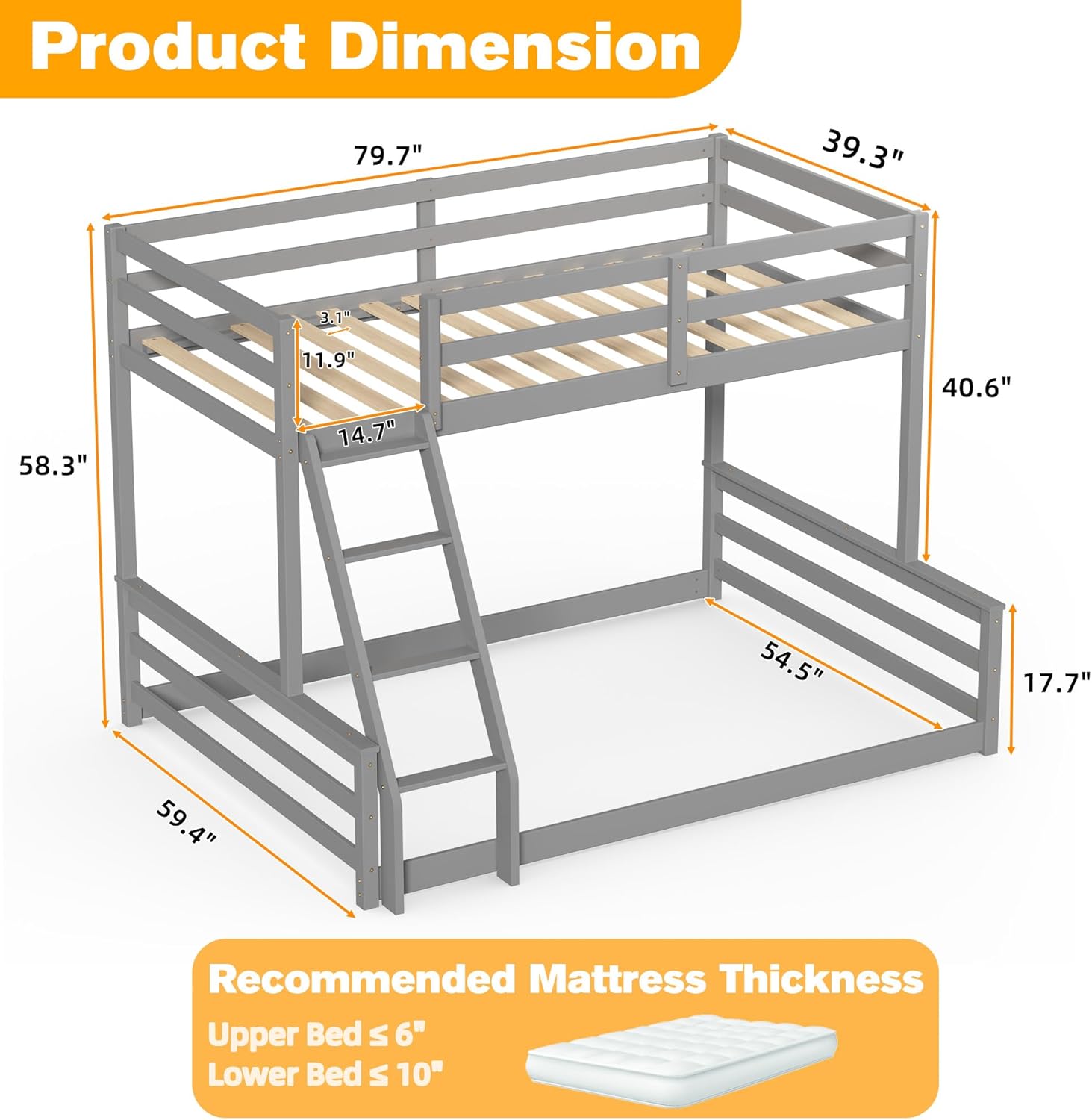 TOLEAD Low Bunk Bed Twin Over Full, Floor Bunk Bed with Ladder, Wooden Bunk Bed with Full Guardrails, Low Bunk Bed for Juniors, Boys, Girls, Kids, Bedroom, Grey