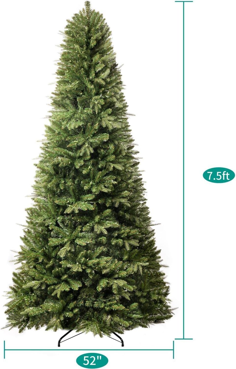 Naomi Home Traditional 7.5ft Prelit Artificial Christmas Tree with 1746 Branch Tips, 550 Warm Lights and Metal Stand, 52 Wide Realistic Fir Christmas Tree with Lights