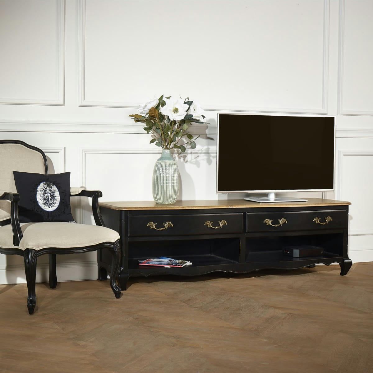 SAVOY - Meuble tv plateau chêne 2 tiroirs 2 niches noir