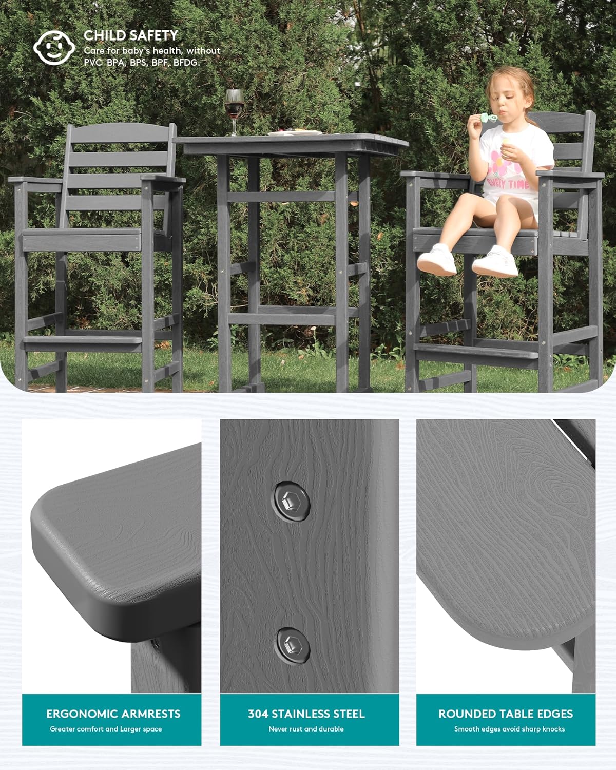 SERWALL 4 Pieces Outdoor Patio Bar Set with 9ft Umbrella  Outdoor HDPE Barstool and Table Furniture Set with Patio Umbrella  Gray