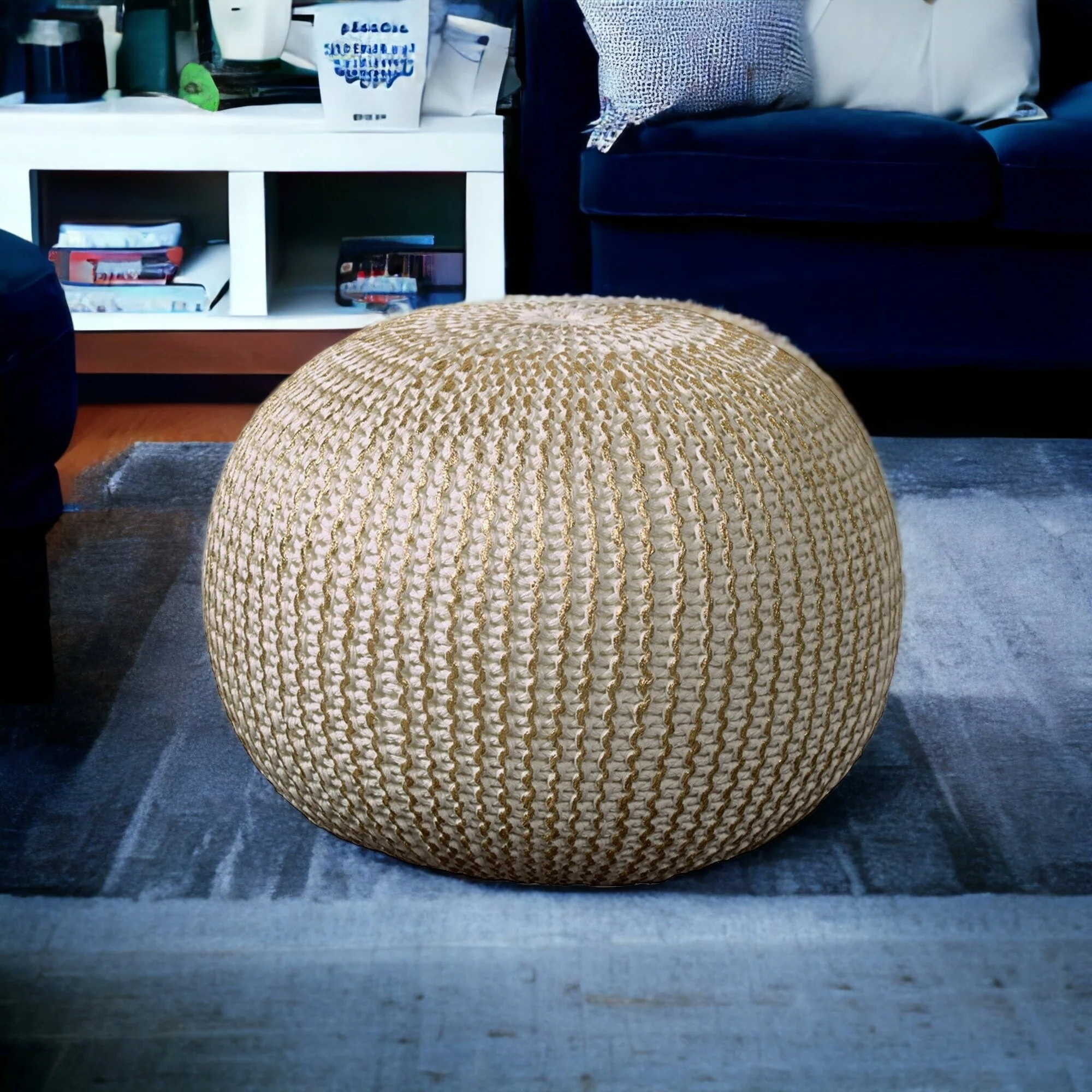20 Inch Gold Cotton Round Pouf Ottoman for Living Room or Bedroom Decor