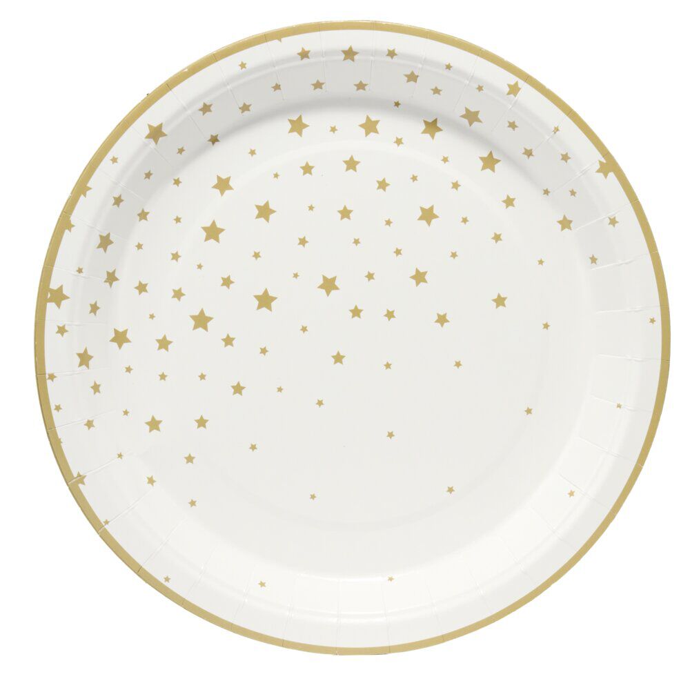 Assiette en papier X8 pcs imprimé étoile Ø23XH1,5 cm blanc et doré
