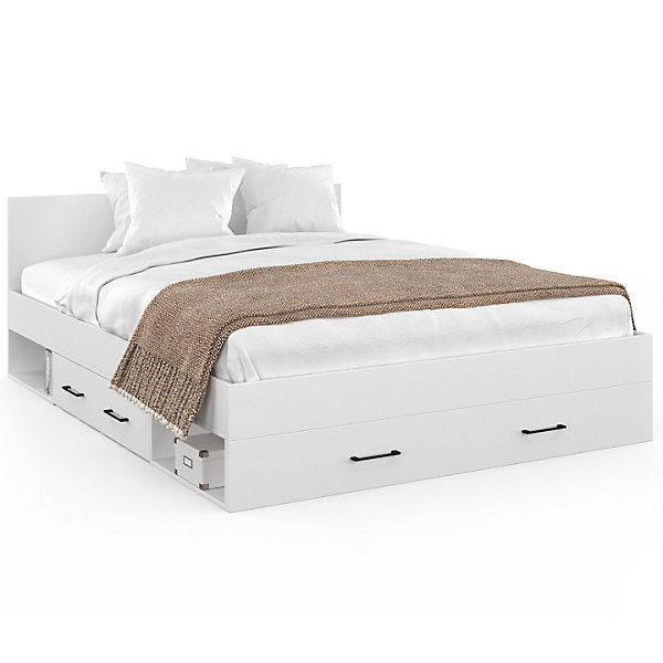 Lit double MINEA avec tiroirs   niches de rangement   tête de lit et sommier 140 x 190 cm blanc